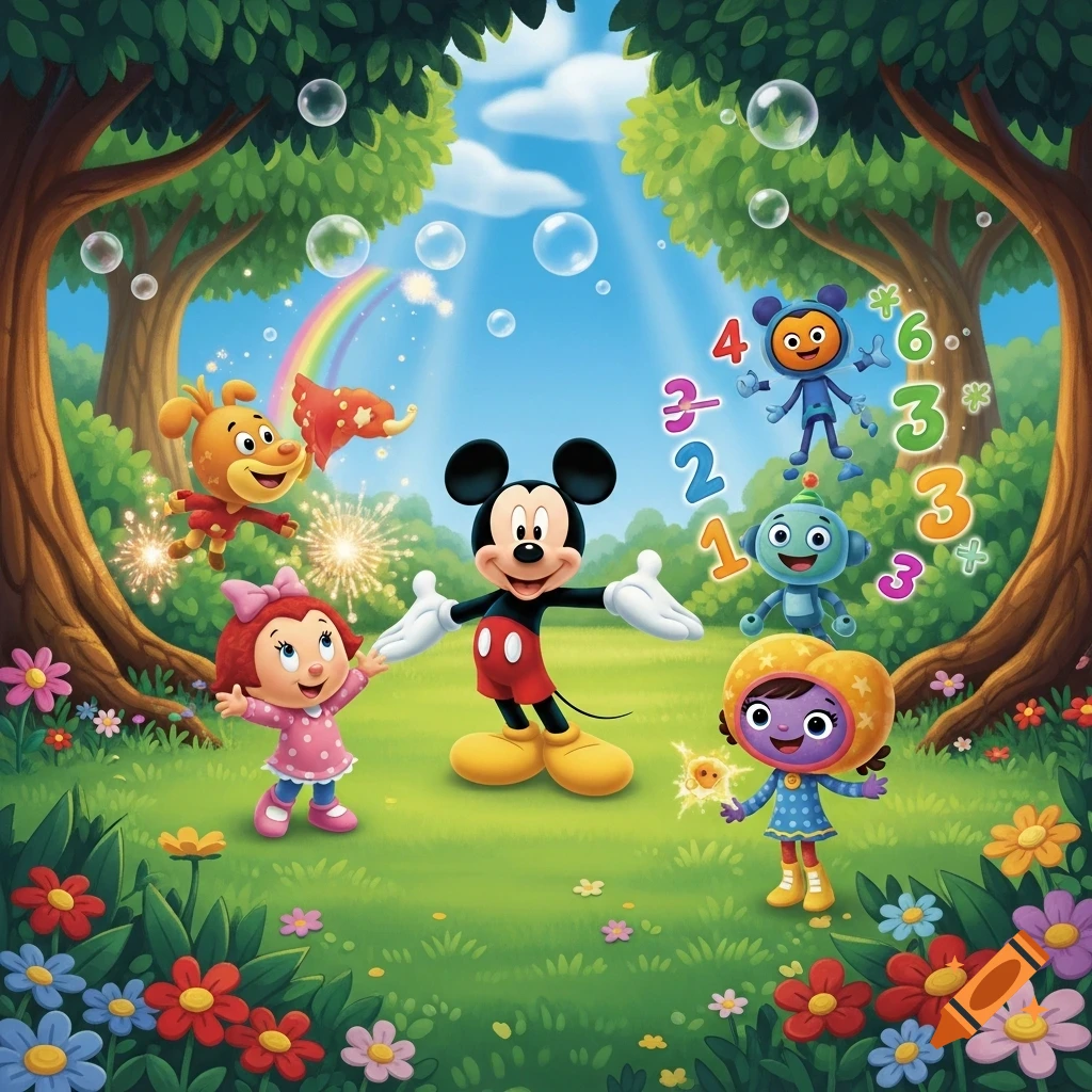 Mickey Mouse, a red dog-like character, a girl in a pink dress, and two Team Umizoomi-like characters with floating numbers 1, 2, 3, 4, 6, play in a vibrant, sunny forest with bubbles and a rainbow, in a cartoon style.