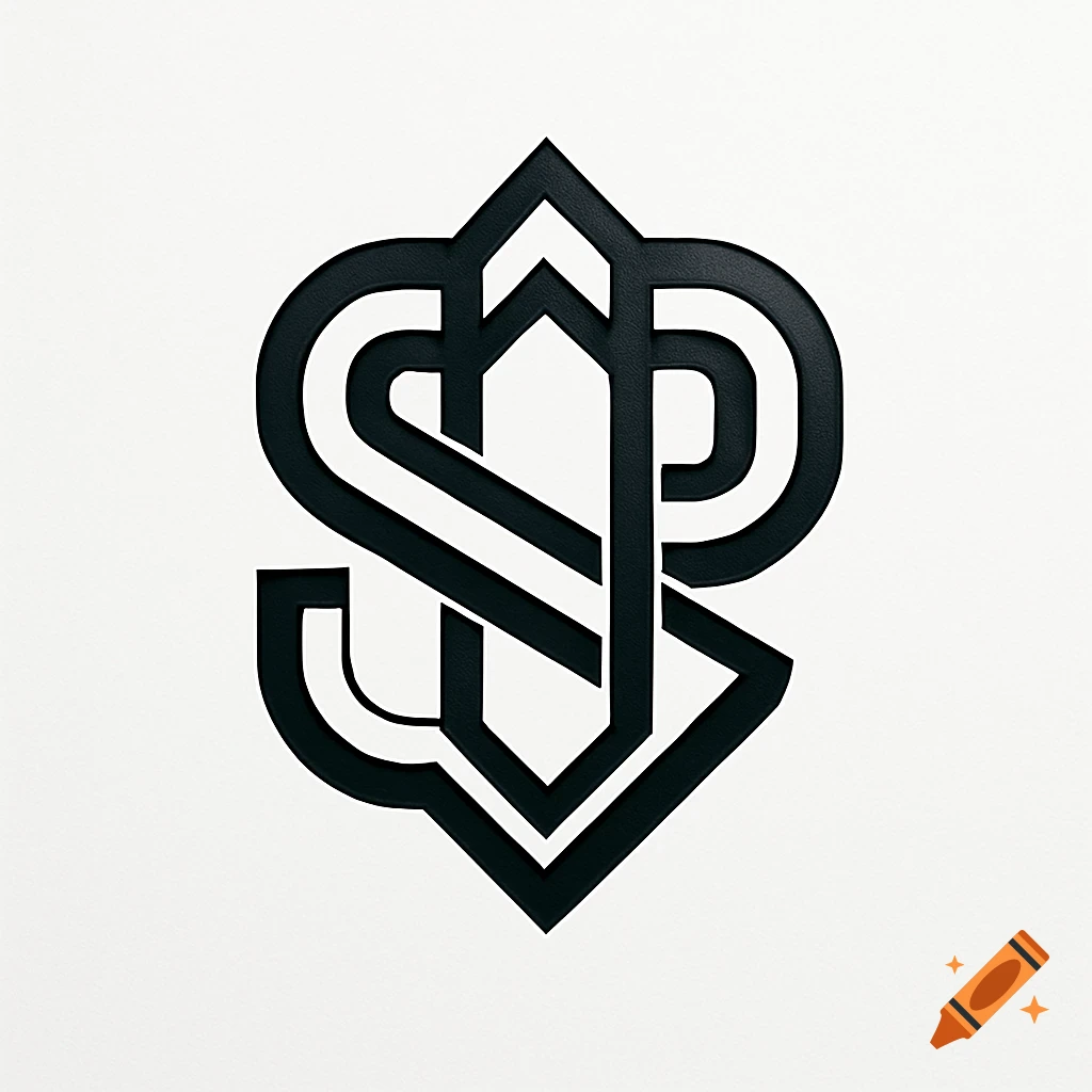 A black stylized monogram logo with intertwined S and P letters, featuring a subtle textured 3D effect on a white background.