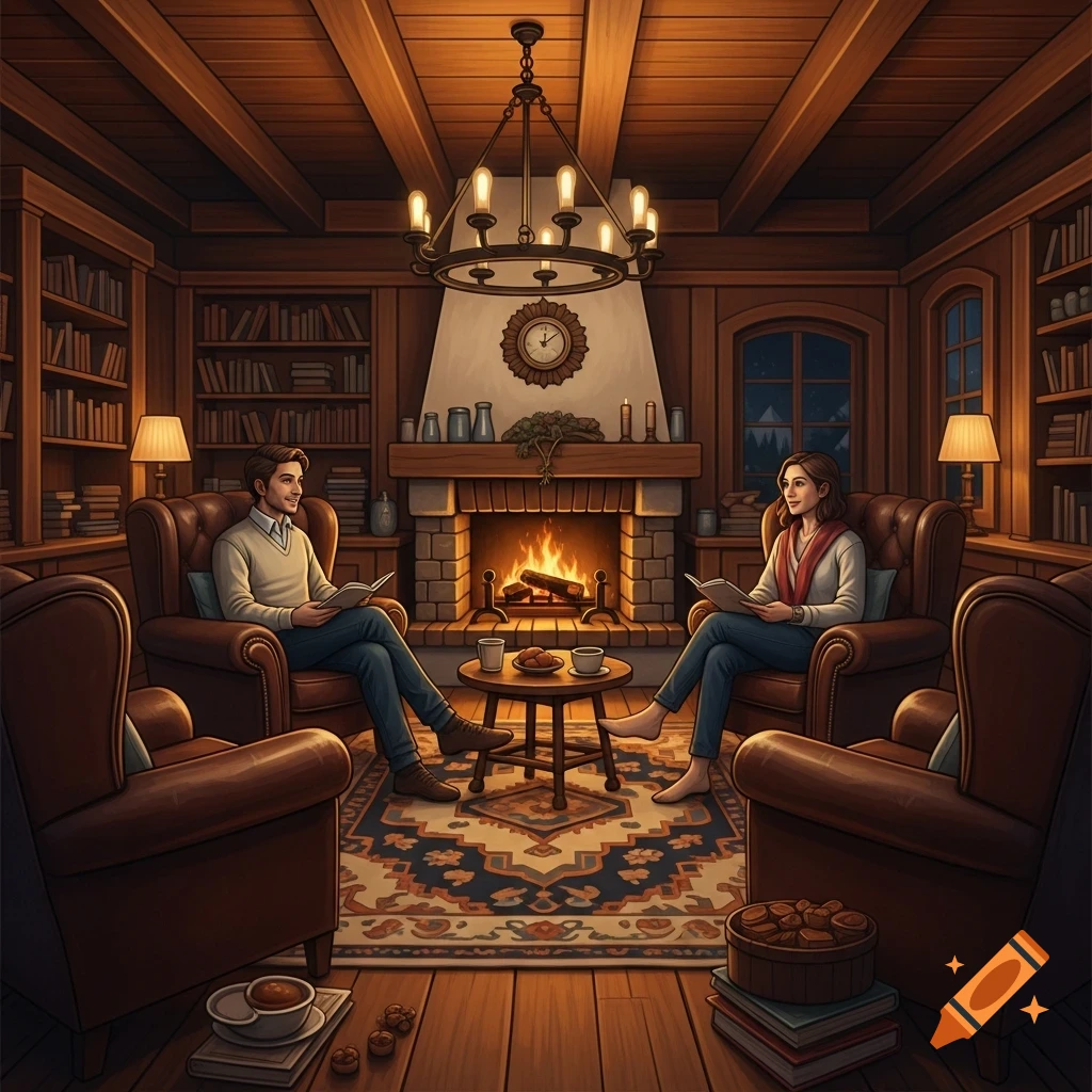 A man and a woman read books in cozy armchairs by a fireplace in a wood-paneled room with bookshelves, in a stylized illustration.