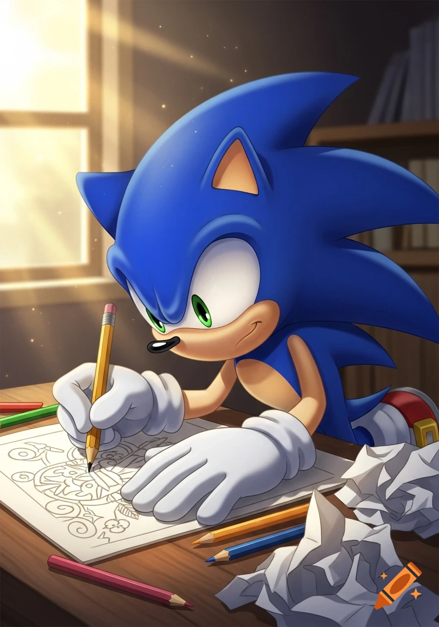 Cartoon Sonic the Hedgehog intently draws on a paper with a yellow pencil at a wooden table, surrounded by colored pencils and crumpled paper.