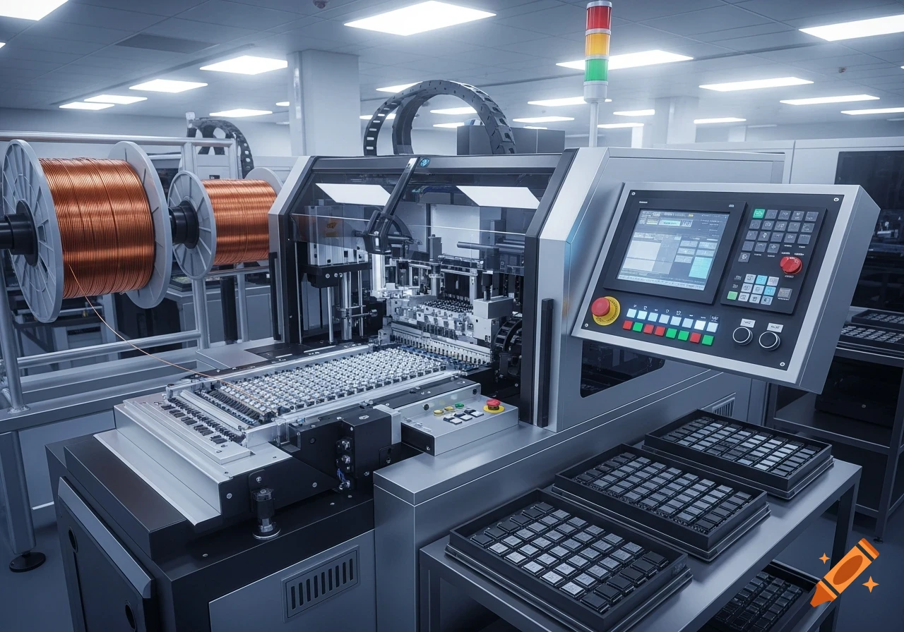 Photorealistic image of a chip mounter machine with spools of copper wire and component trays in an industrial clean room.
