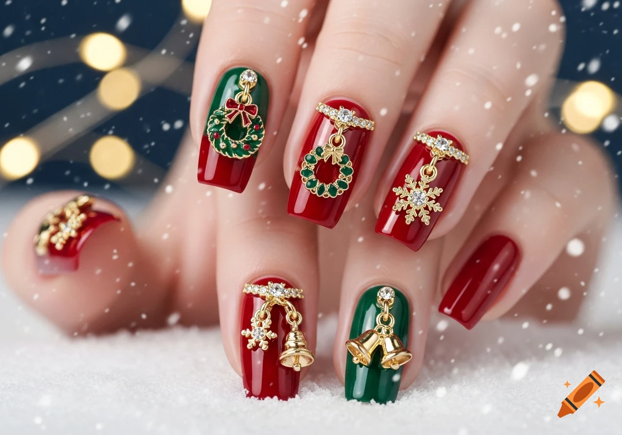 A hand with red and green Christmas-themed nail art, adorned with golden wreaths, snowflakes, and bells, in a snowy scene.