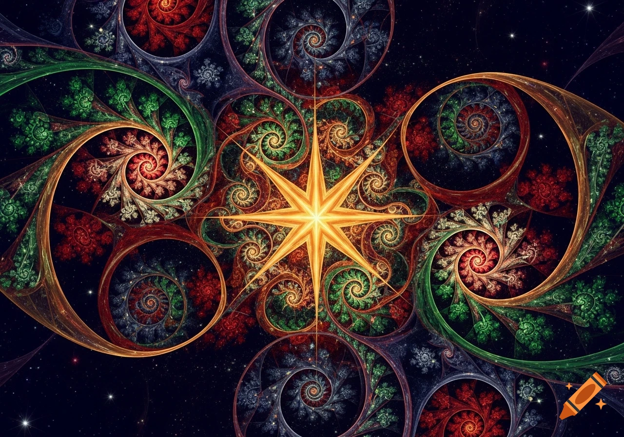 A vibrant fractal art piece featuring a bright golden star at the center, surrounded by swirling, intricate patterns in red, green, and blue against a dark, starry background.
