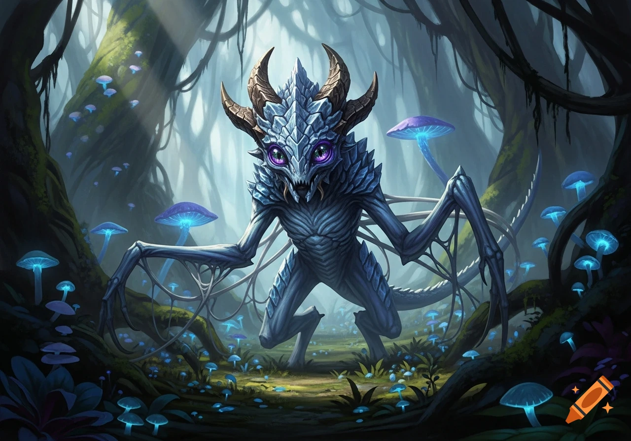 A blue-scaled horned creature with glowing purple eyes stands in a dark ...