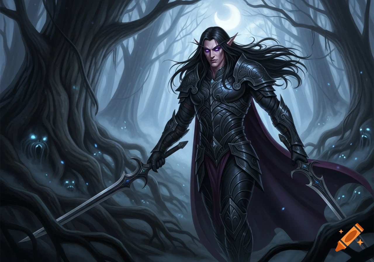 A dark elf male warrior with long black hair, purple eyes, and dark armor stands in a misty, dark forest with two swords under a crescent moon.