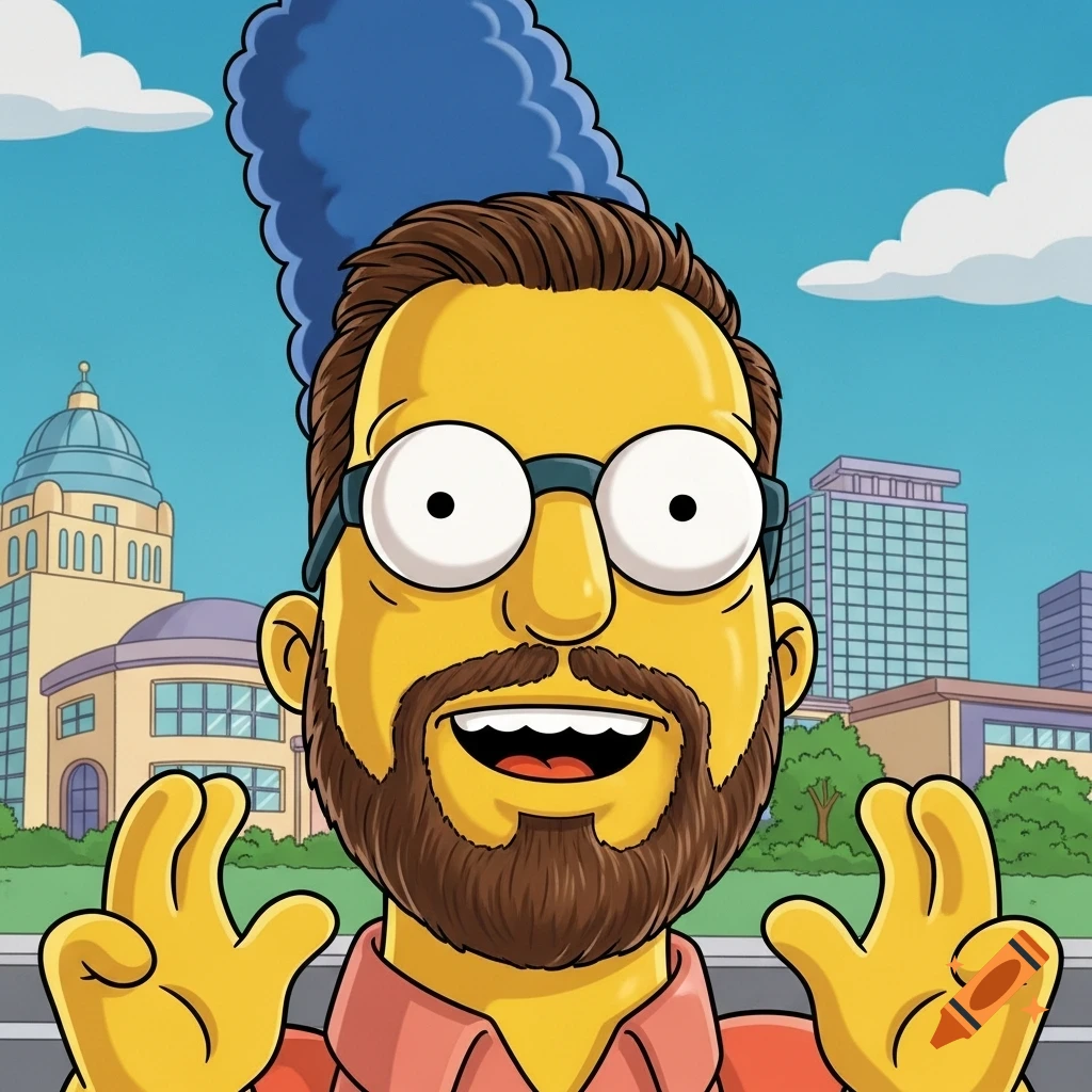 A yellow-skinned man with a beard and glasses, styled like a character from The Simpsons, smiles and gestures with both hands in front of a city background.