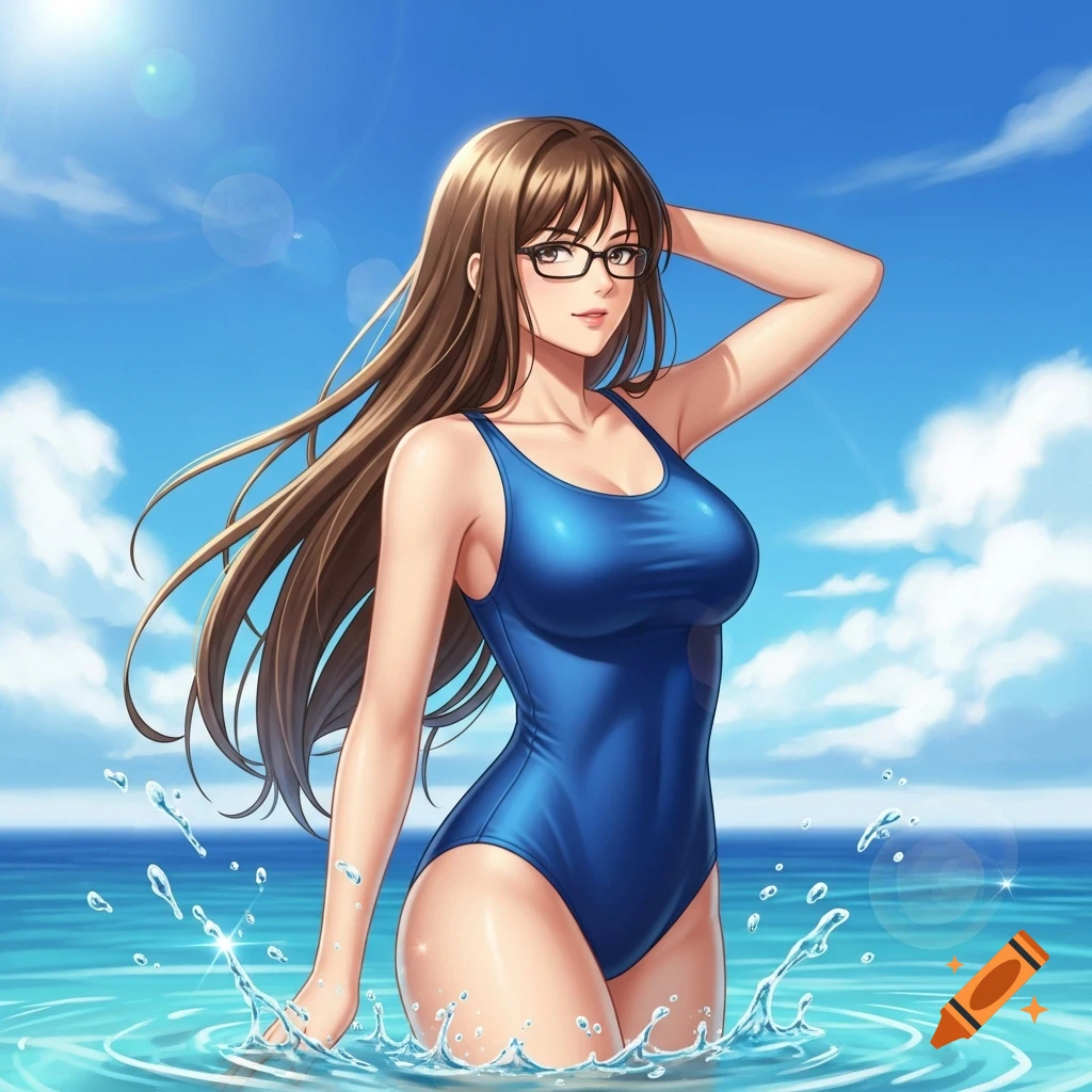 Anime woman with long brown hair and glasses wearing a blue swimsuit, standing in sparkling ocean water under a blue sky.