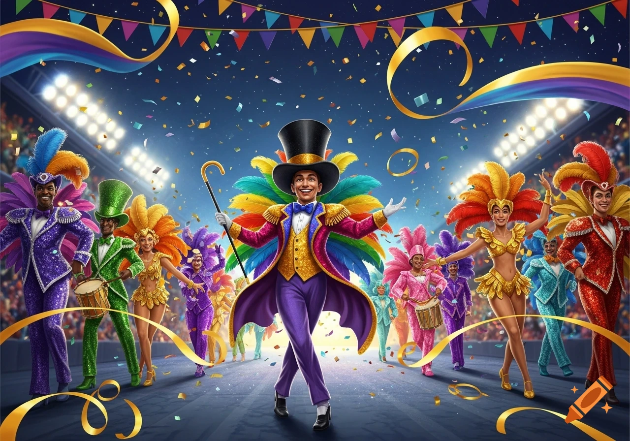 Vibrant carnival scene with performers in colorful feathered costumes, led by a ringmaster, under stadium lights with confetti falling.