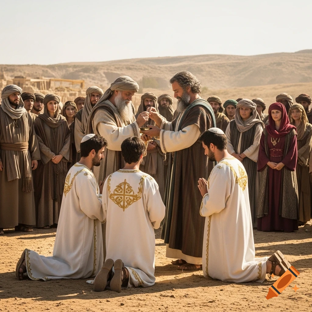 Two men in white robes kneel, being anointed by older men, while a crowd watches in a photorealistic desert religious ceremony.