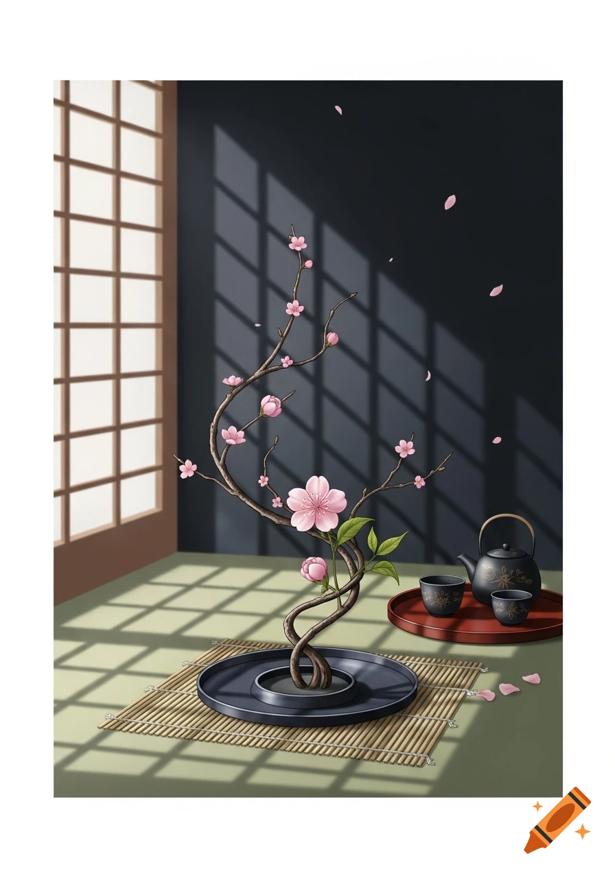 A stylized illustration of an ikebana arrangement with pink cherry blossoms, a tea set, and a shoji screen in a dimly lit room.