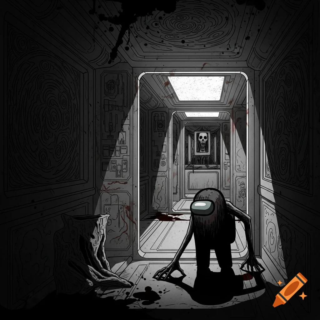 Grotesque, mutated Among Us creature with long limbs crawling in a dark, blood-splattered spaceship corridor in Junji Ito's horror style.