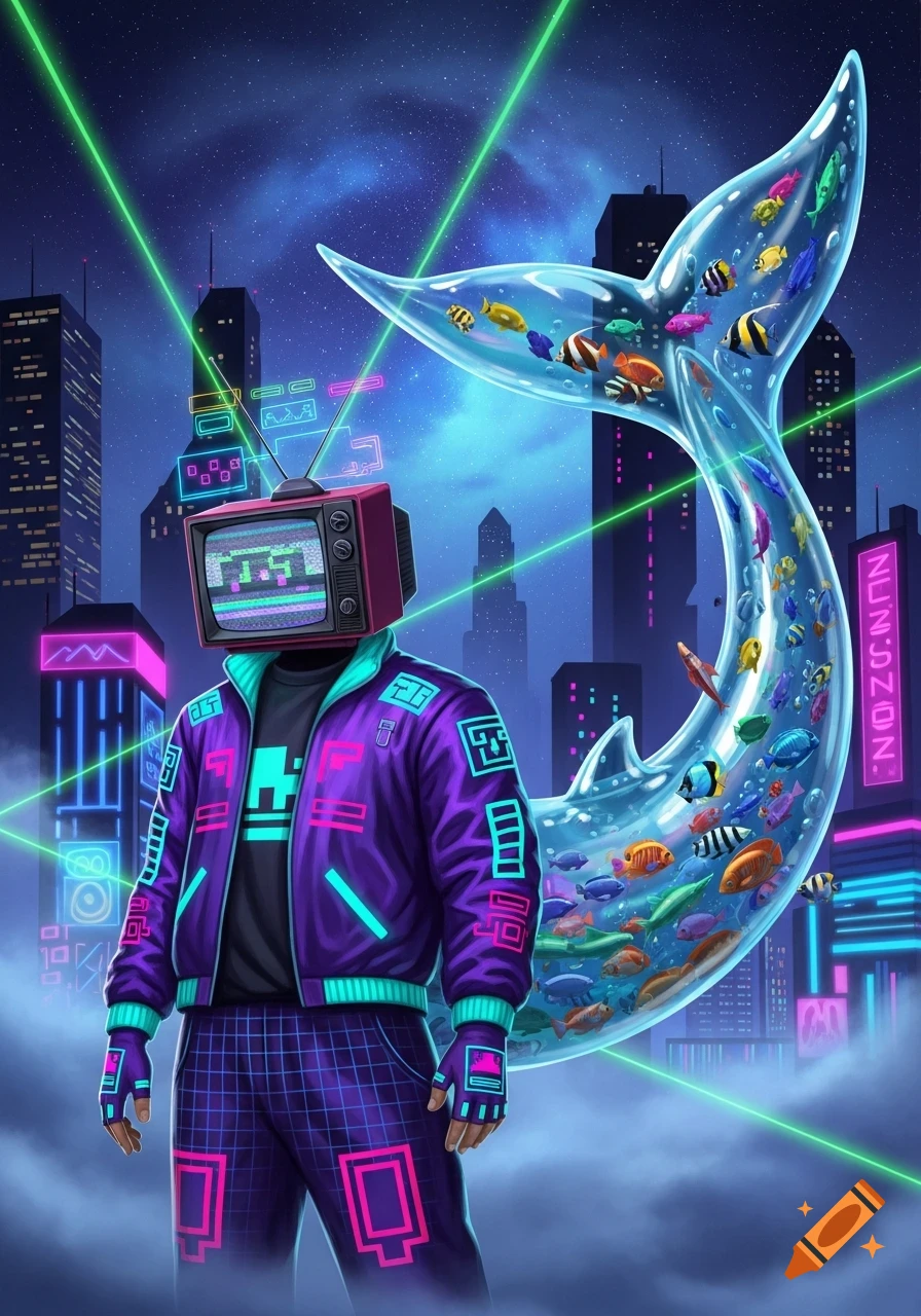 A synthwave-themed man with a TV for a head and a purple jacket stands in a neon cityscape, with a large glass whale tail filled with fish.