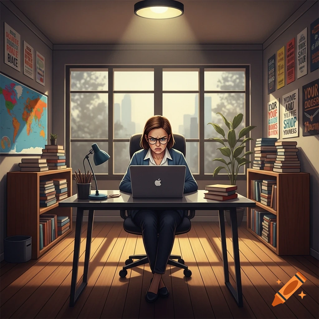 A frustrated woman with glasses sits at a desk, glaring at a laptop, in a cartoon-style office with bookshelves and a world map.