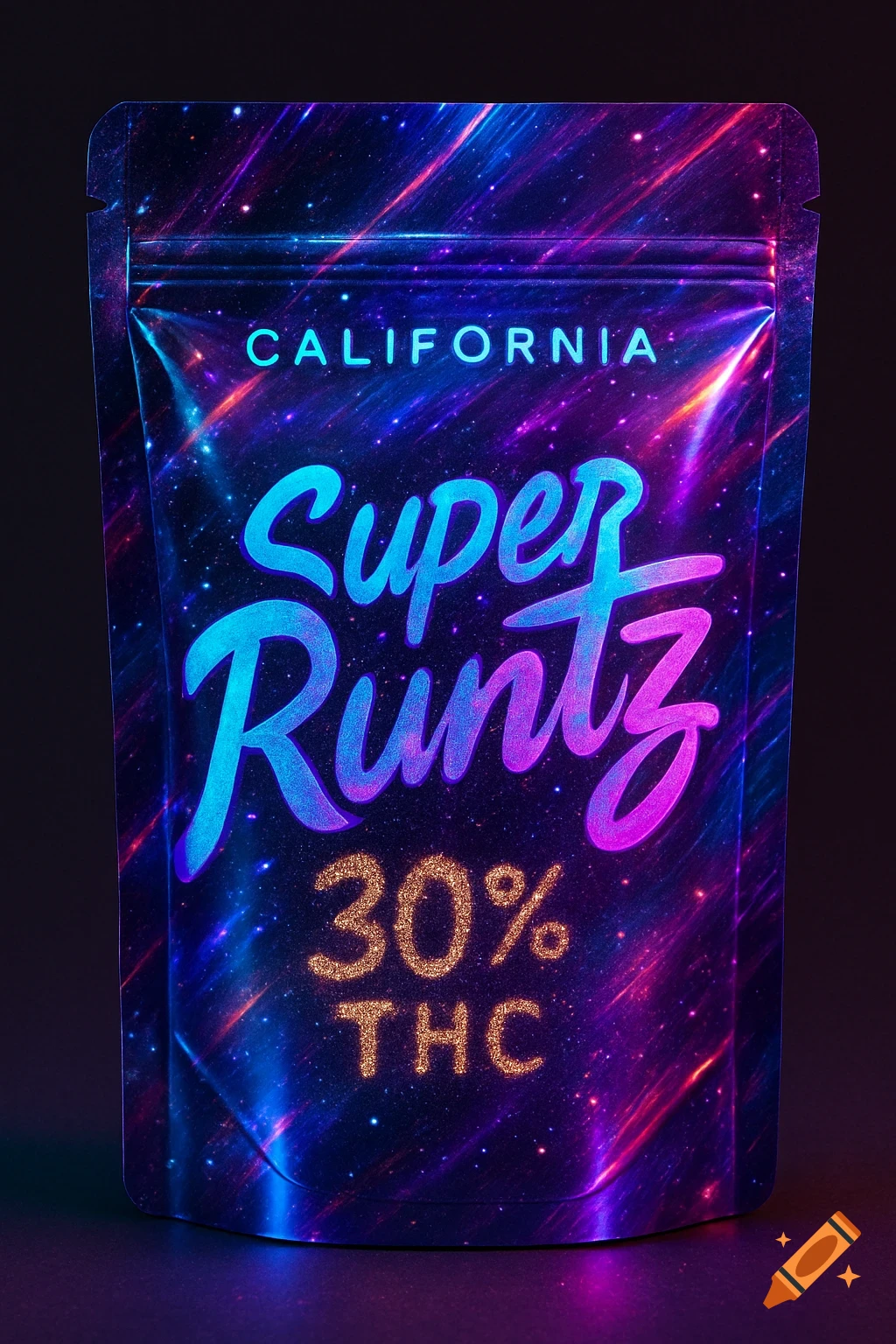 A cosmic-themed product pouch labeled "CALIFORNIA Super Runtz 30% THC" in glowing blue, purple, and gold glitter text.