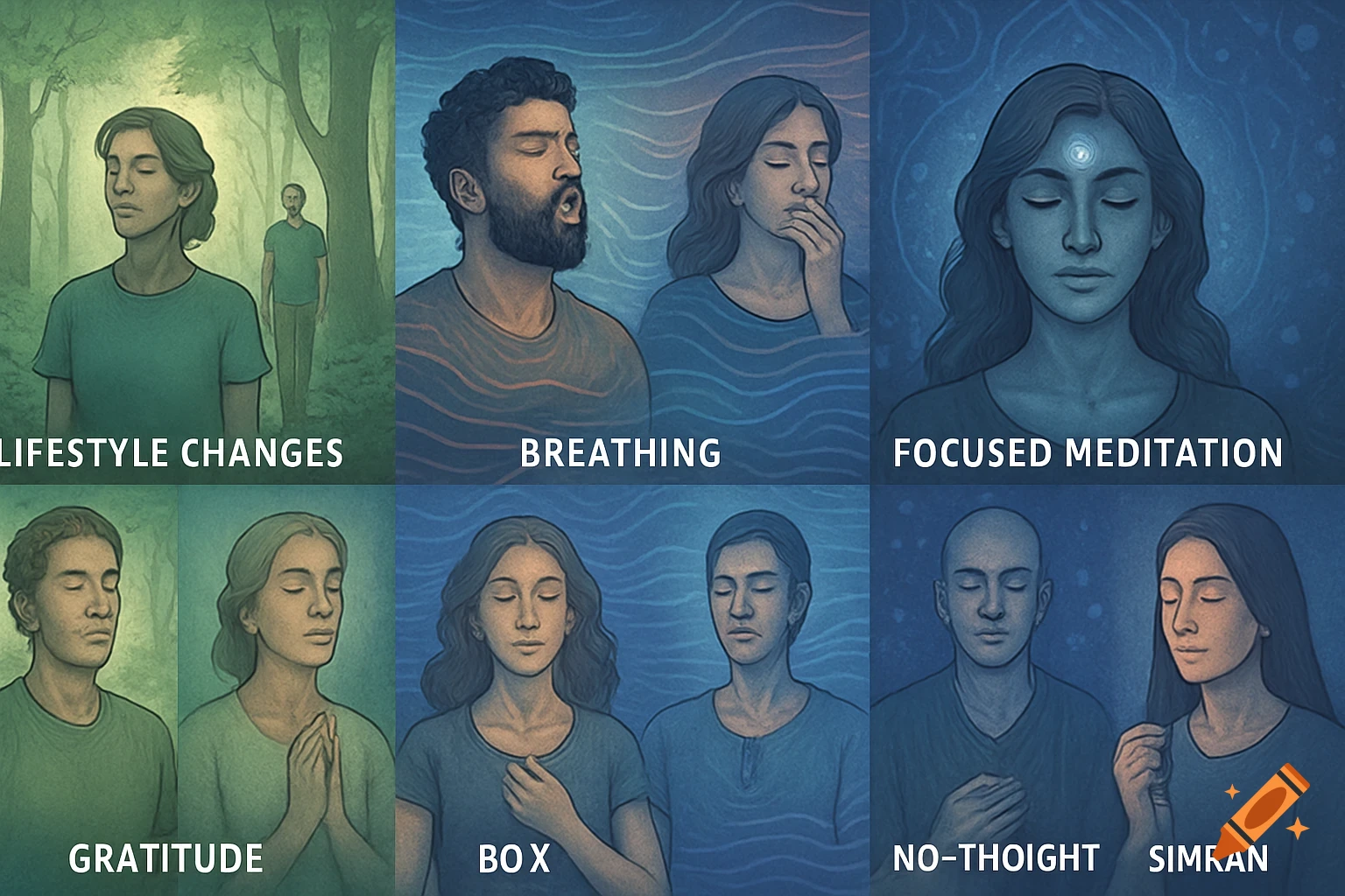 A grid of six panels illustrating different meditation and breathing techniques with text labels, in a stylized, serene art style.