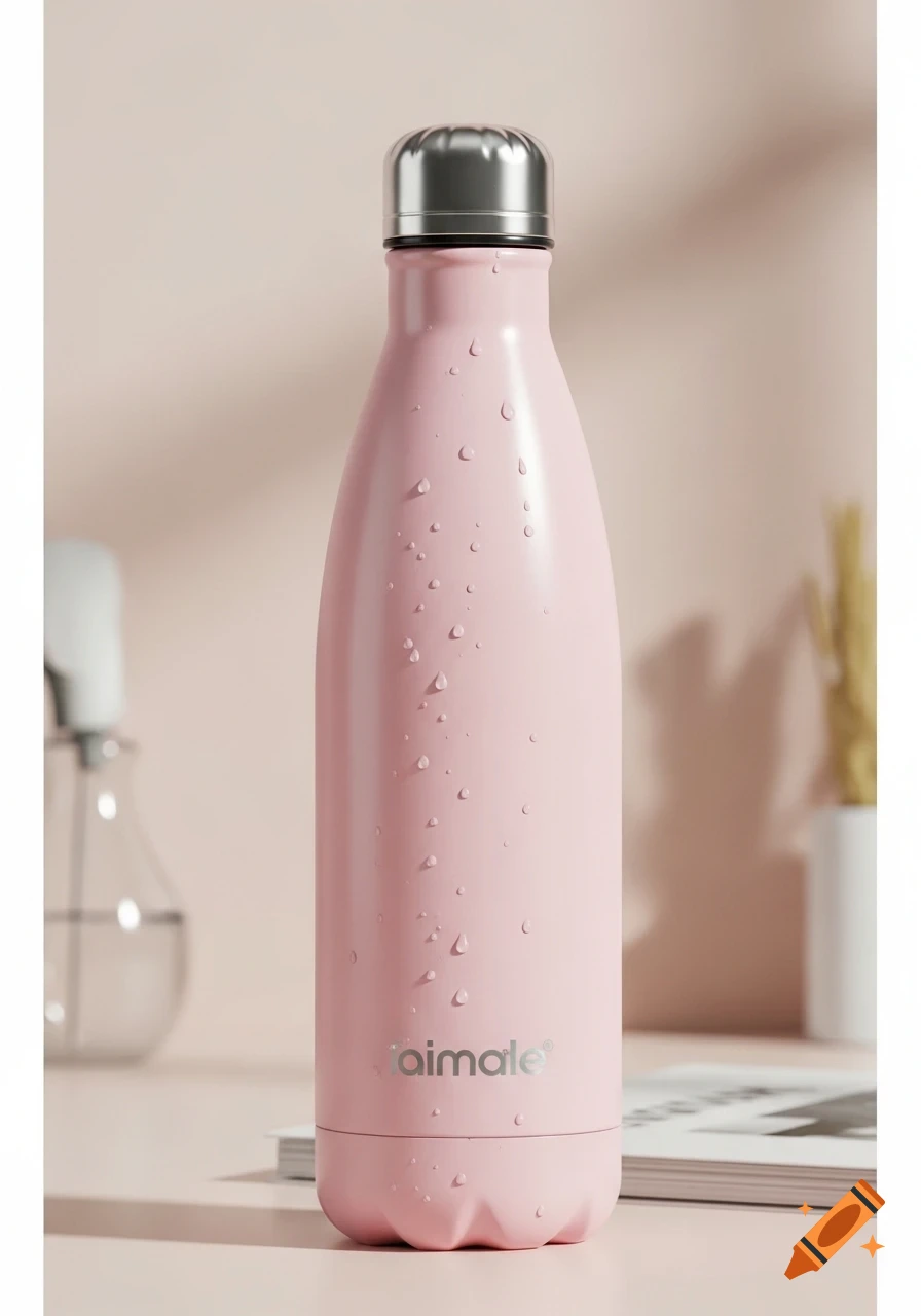 A tall, slender pink water bottle covered in condensation droplets, standing upright on a light surface with a silver cap. Photorealistic style.