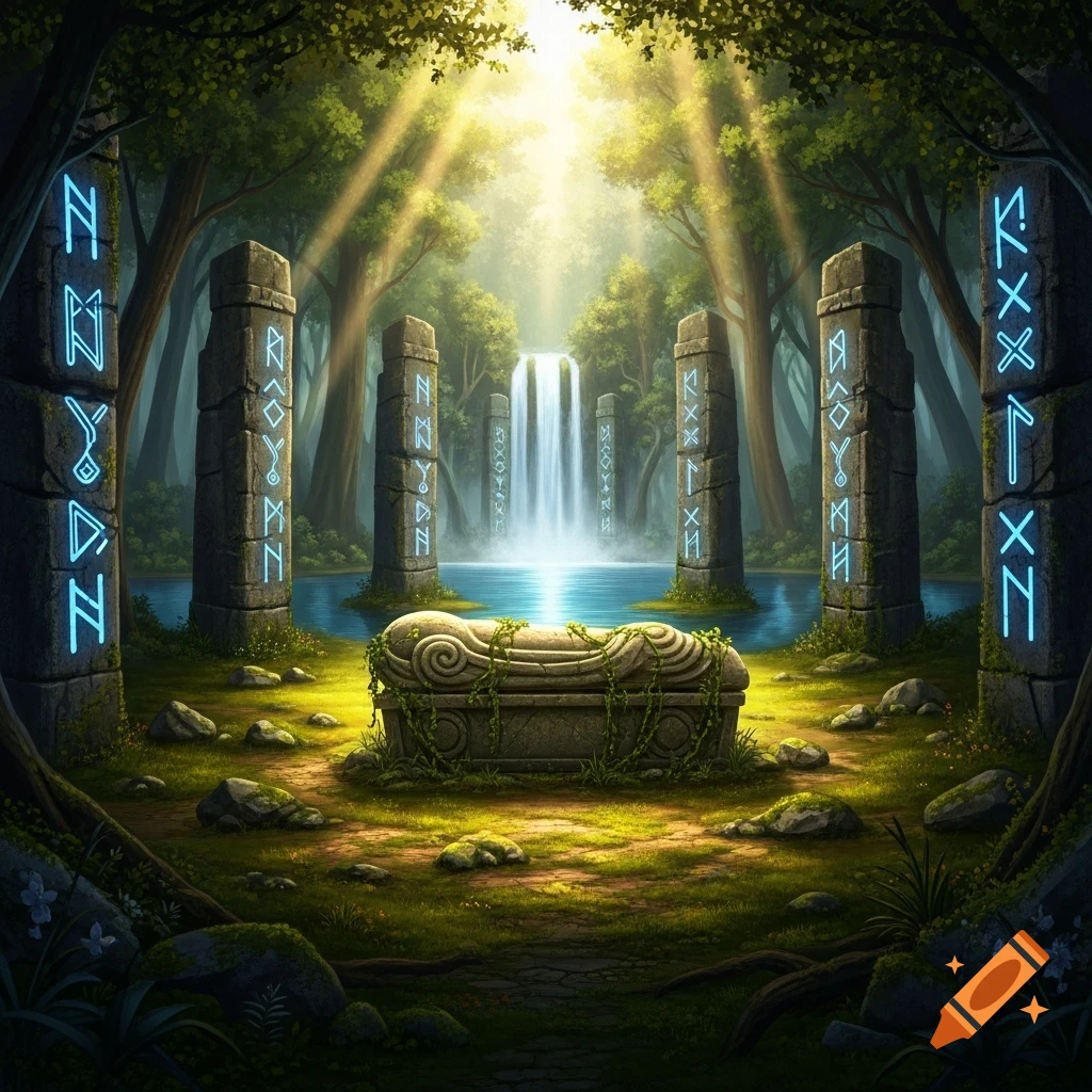 Fantasy forest clearing with a waterfall, glowing runic stone pillars, and an ancient sarcophagus in the center, bathed in sunlight.
