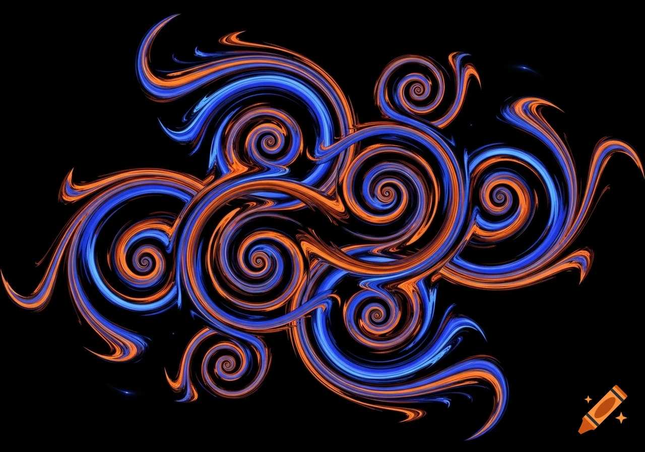 Abstract swirling patterns of vibrant blue and orange against a black background.