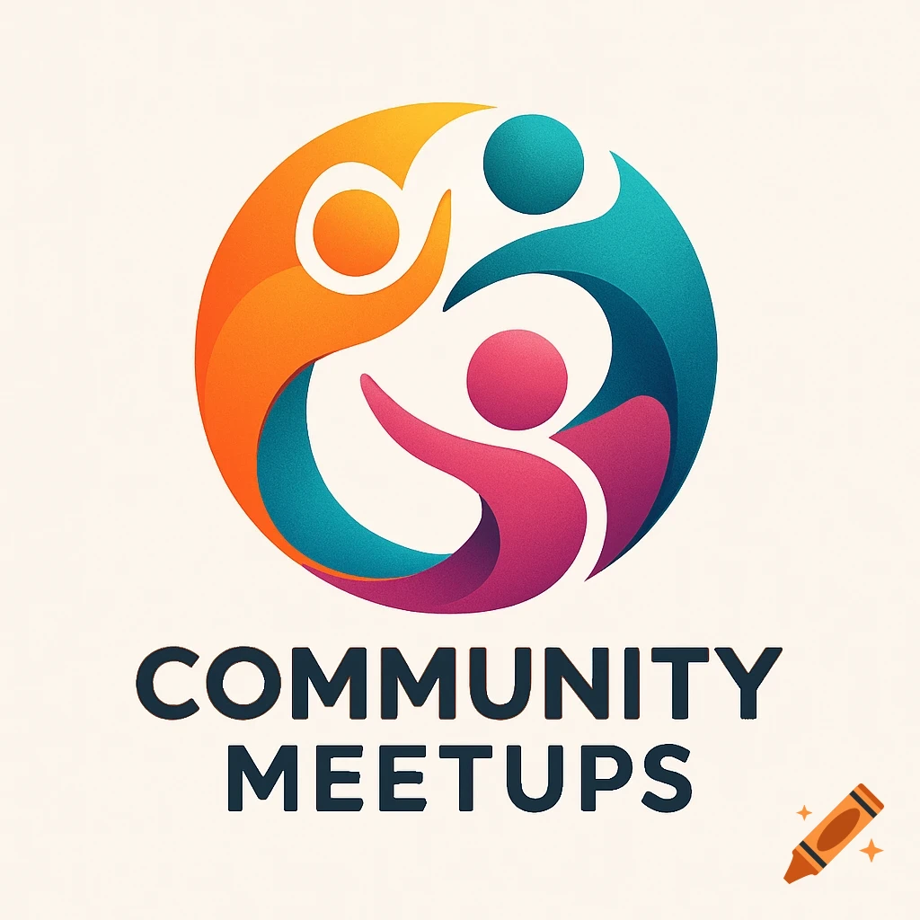 A colorful logo showing three abstract stylized human figures intertwined in a circle, with the text 'COMMUNITY MEETUPS' below.