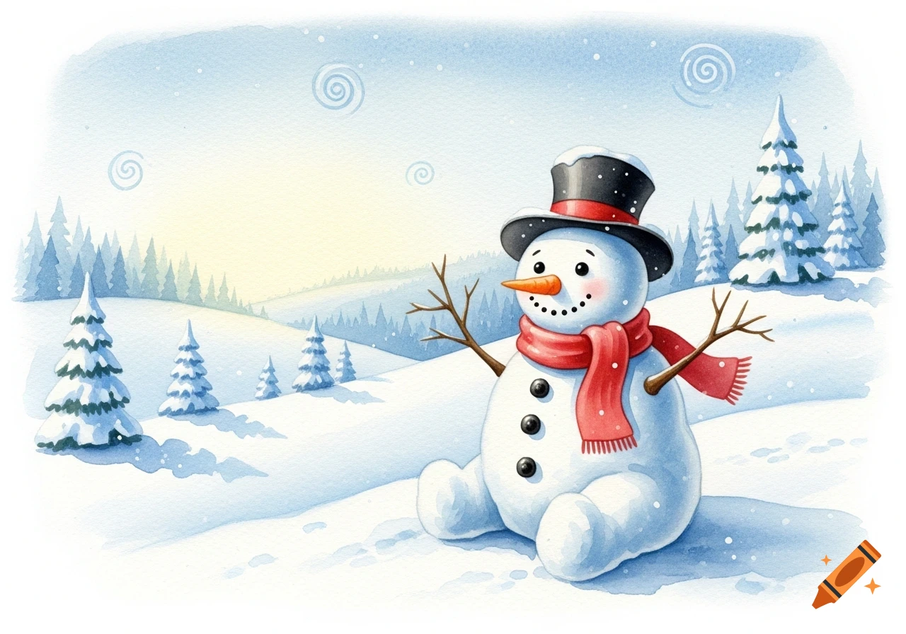 A watercolor illustration of a smiling snowman wearing a top hat and red scarf, sitting in a snowy winter landscape with pine trees.