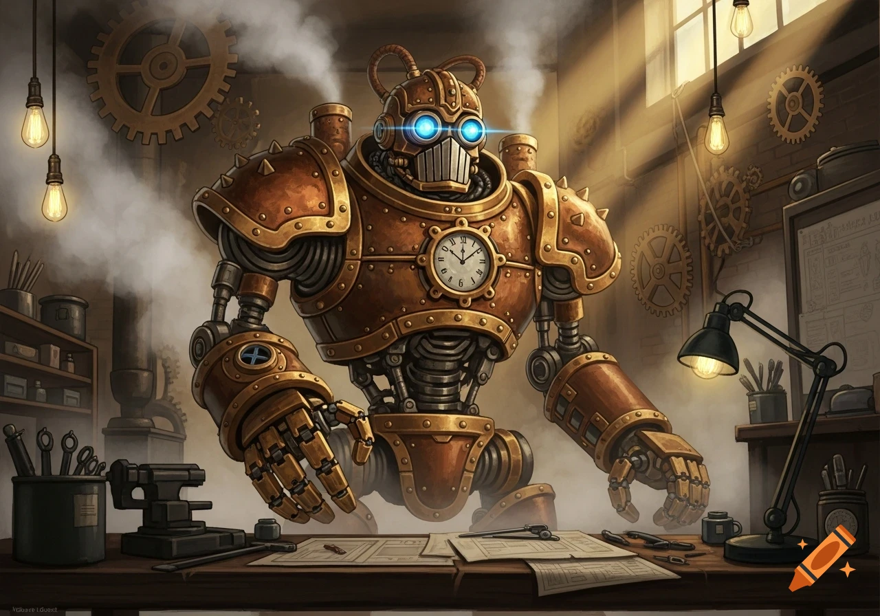 A large, ornate steampunk robot with glowing blue eyes stands in a sunlit workshop filled with gears, tools, and papers.