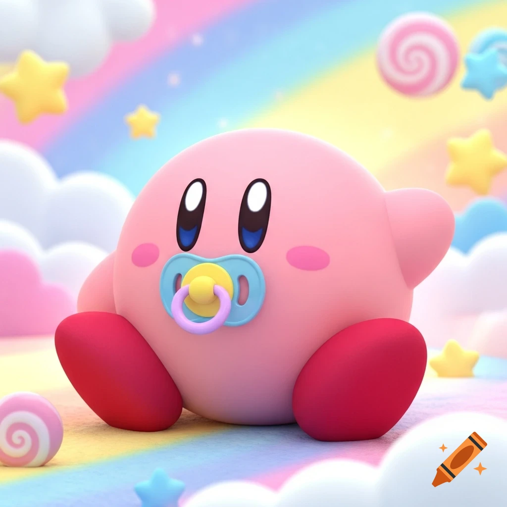 A cute 3D rendered baby Kirby with a blue pacifier sits on a pastel rainbow, surrounded by clouds, yellow stars, and pink candies.