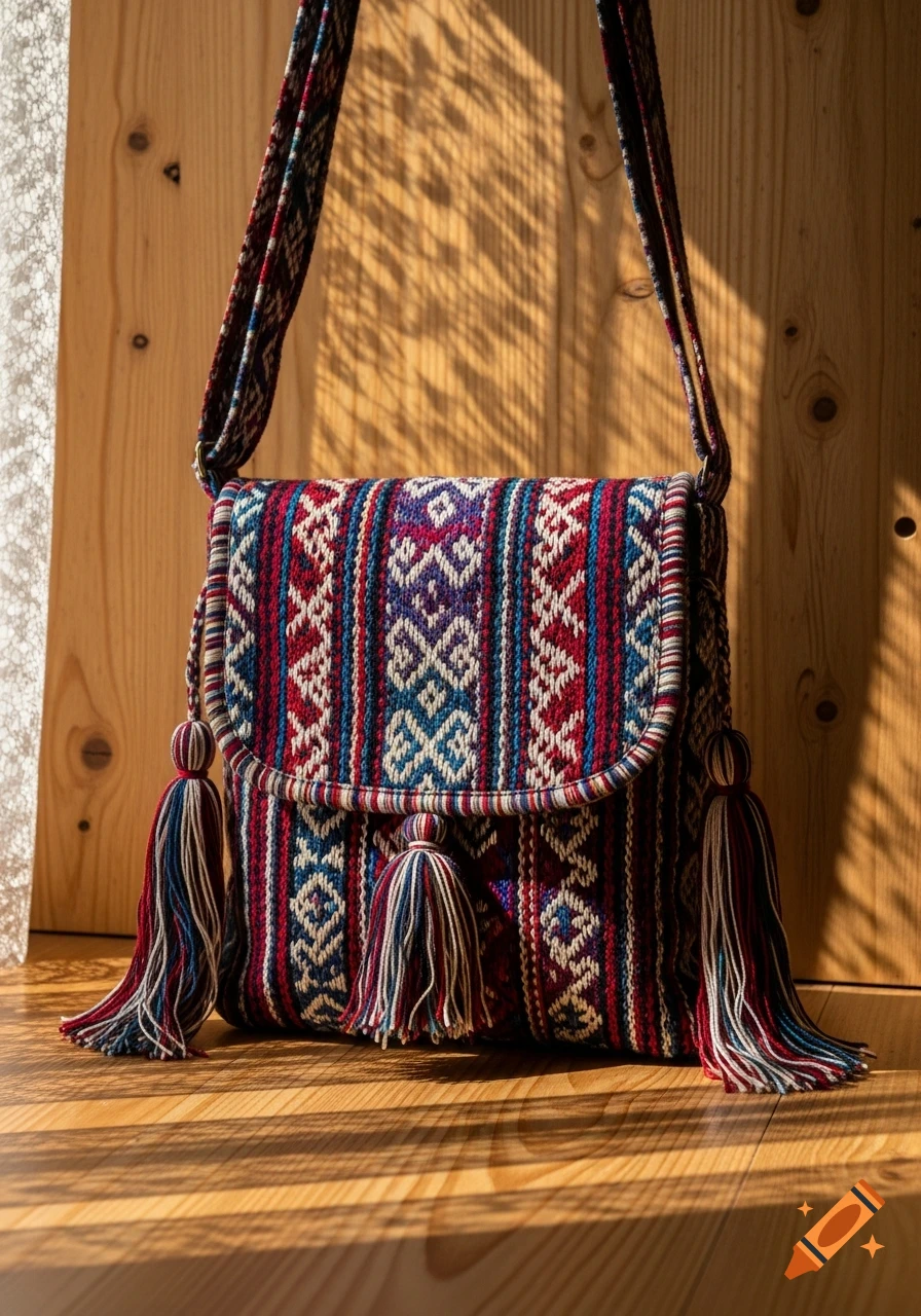 A colorful woven shoulder bag with intricate patterns and tassels, lit by sunlight on a wooden surface.