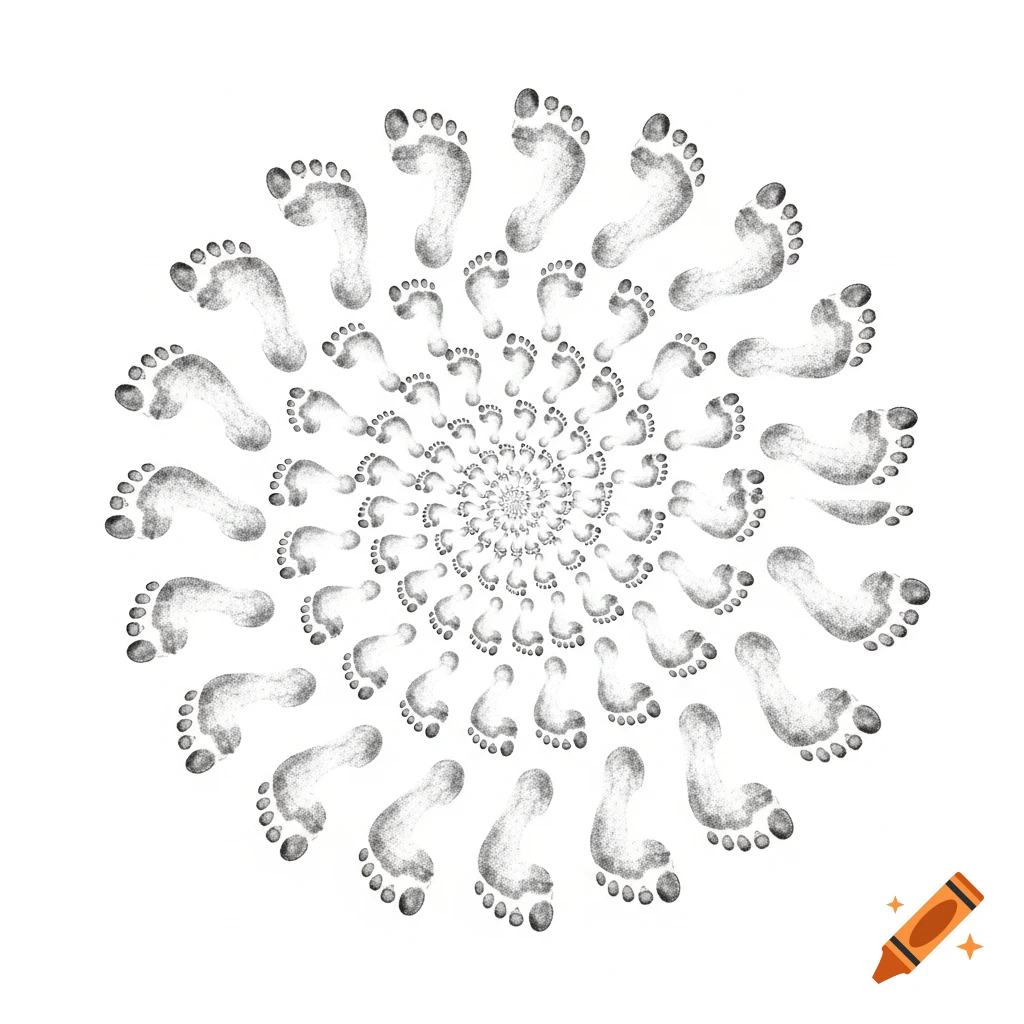 A black and white circular spiral pattern made of numerous human footprints on a white background.