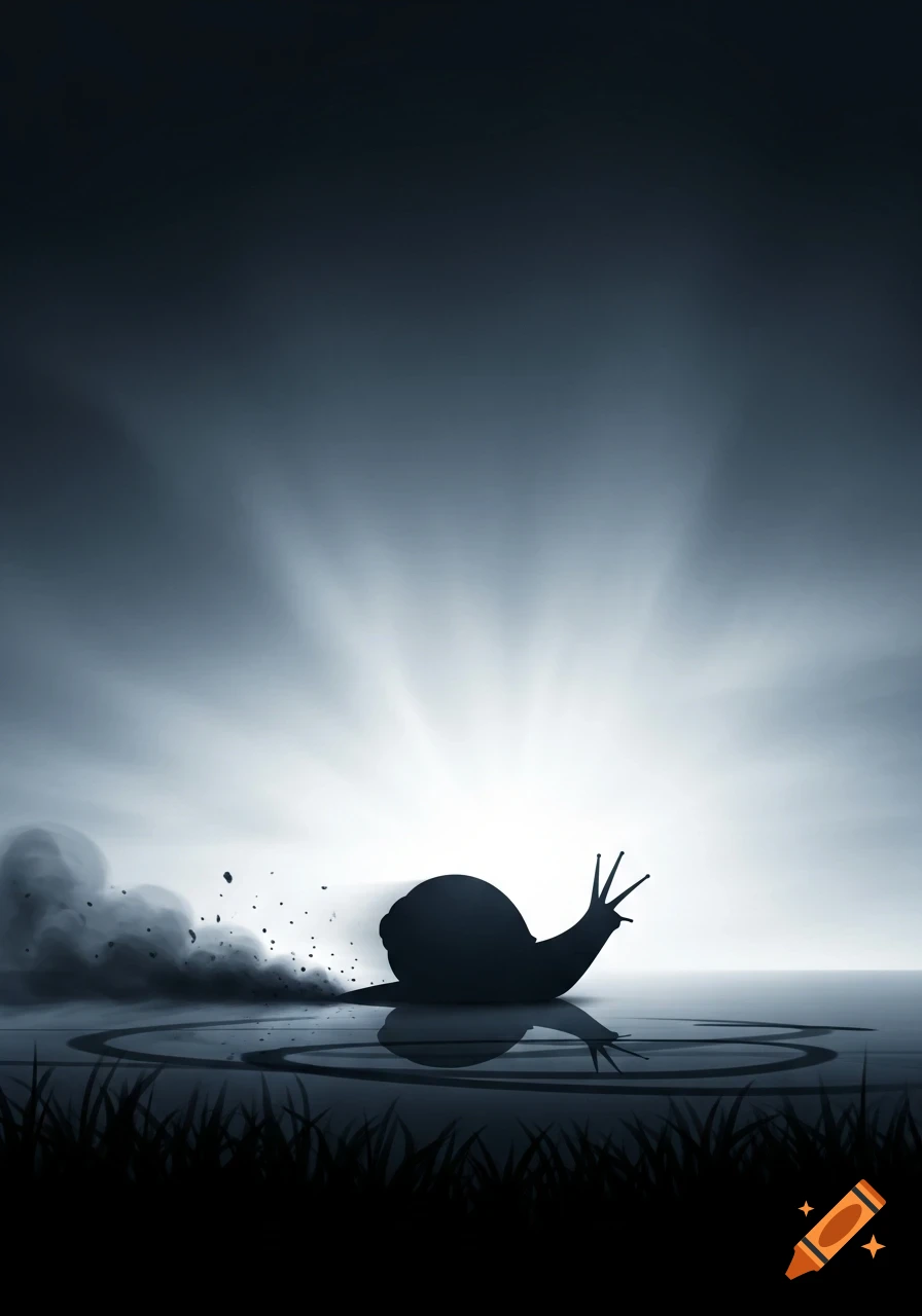 A stylized silhouette of a snail speeding across water, kicking up dust with a bright, radiating sky and dark grass in the foreground.