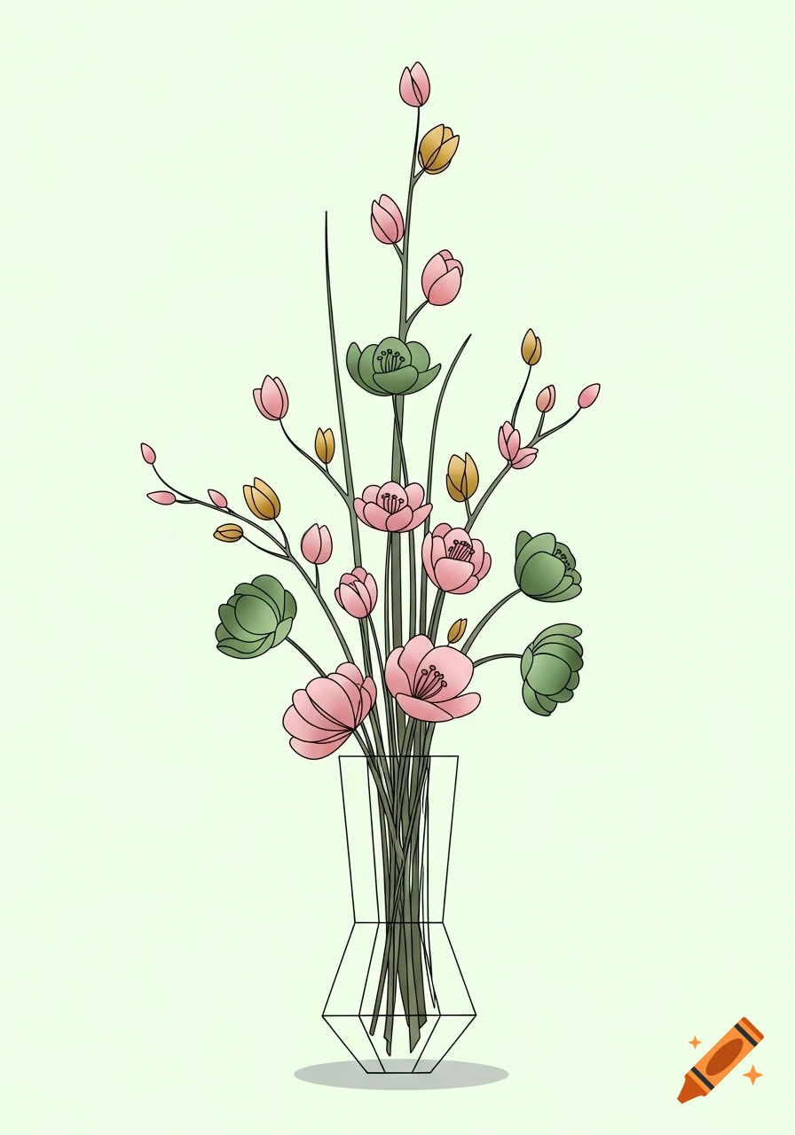 Minimalist illustration of pink and green flowers in a geometric vase.
