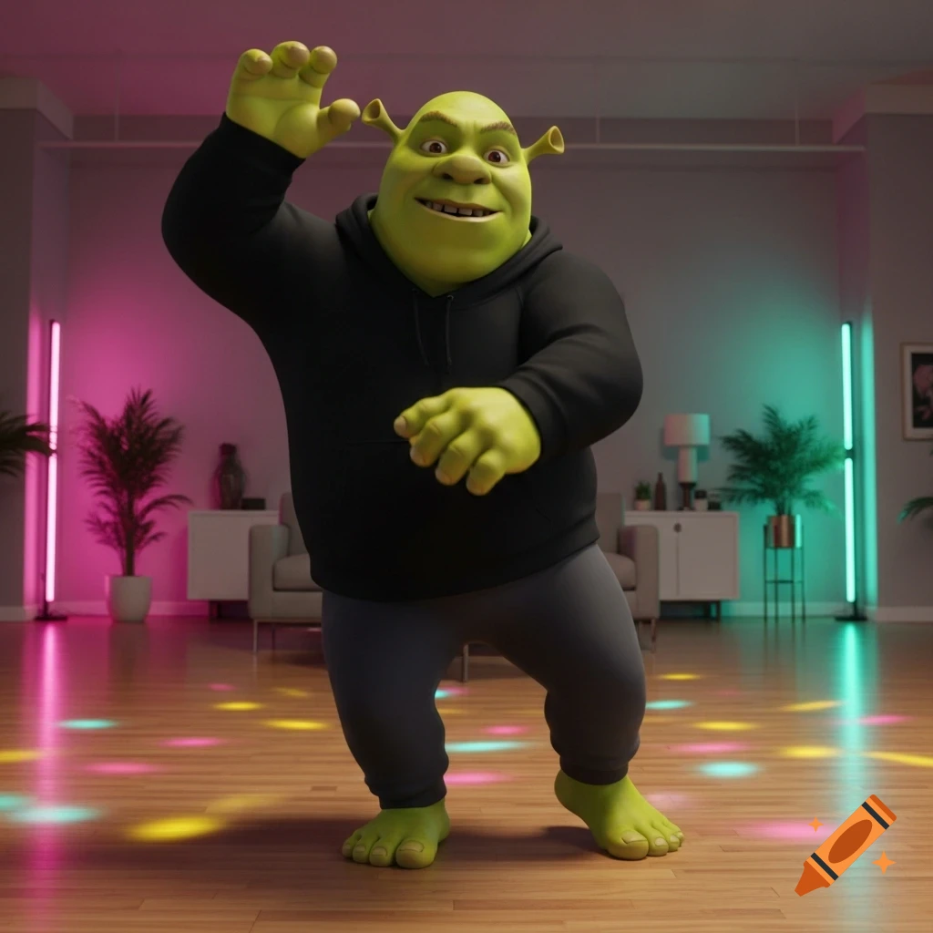 Shrek in a black hoodie and grey pants dances barefoot in a modern room with pink and blue neon lighting and colorful floor lights.
