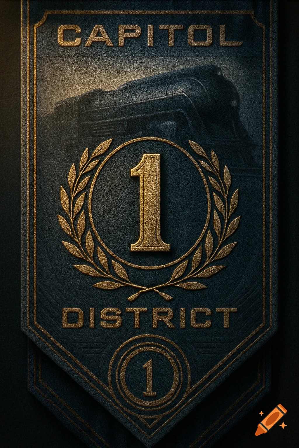 A dark blue and gold embossed crest featuring a stylized train, the word CAPITOL, a number 1 in a wreath, and the word DISTRICT.