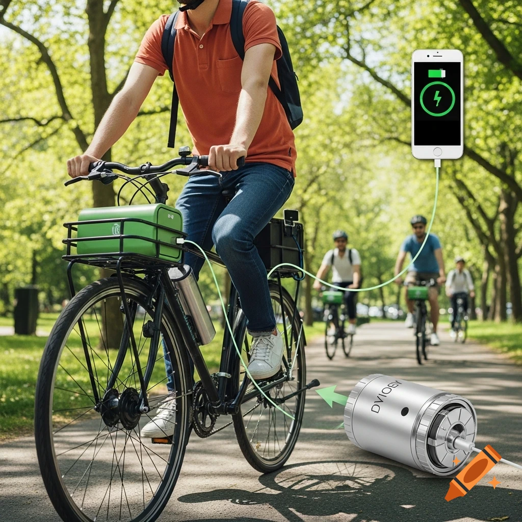 A man on a bicycle charges his phone via a dynamo while cycling on a tree-lined path, with other cyclists in the background.