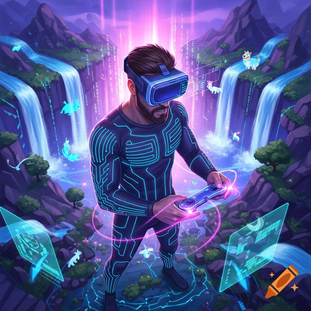 A man wearing a VR headset and a glowing suit holds a controller in a fantastical, digital landscape with waterfalls, mountains, and floating data streams.