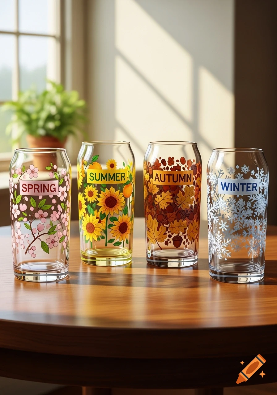 Four glass cups on a wooden table, each decorated with a different season: spring flowers, summer sunflowers, autumn leaves, and winter snowflakes.
