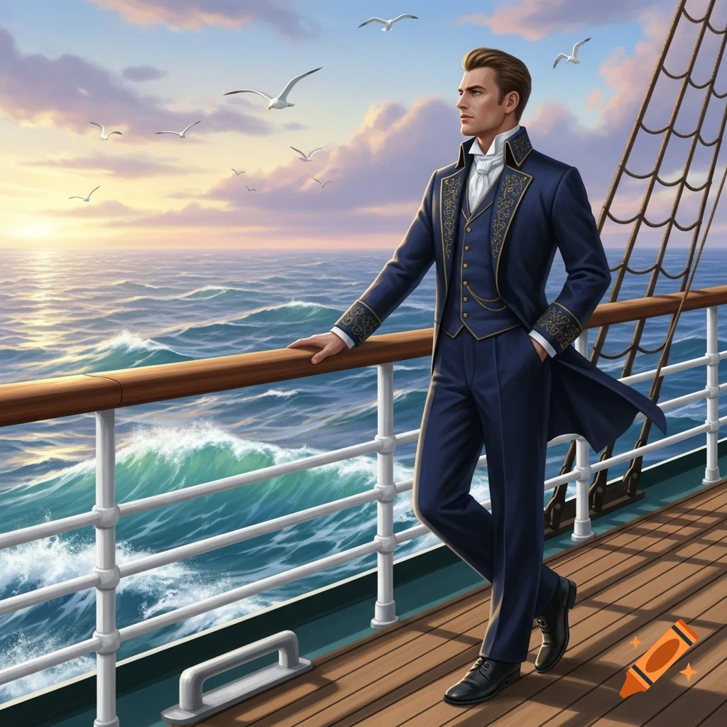 A distinguished man in a blue suit stands on a ship's deck, looking at the ocean and sunset sky with seagulls. Digital illustration.
