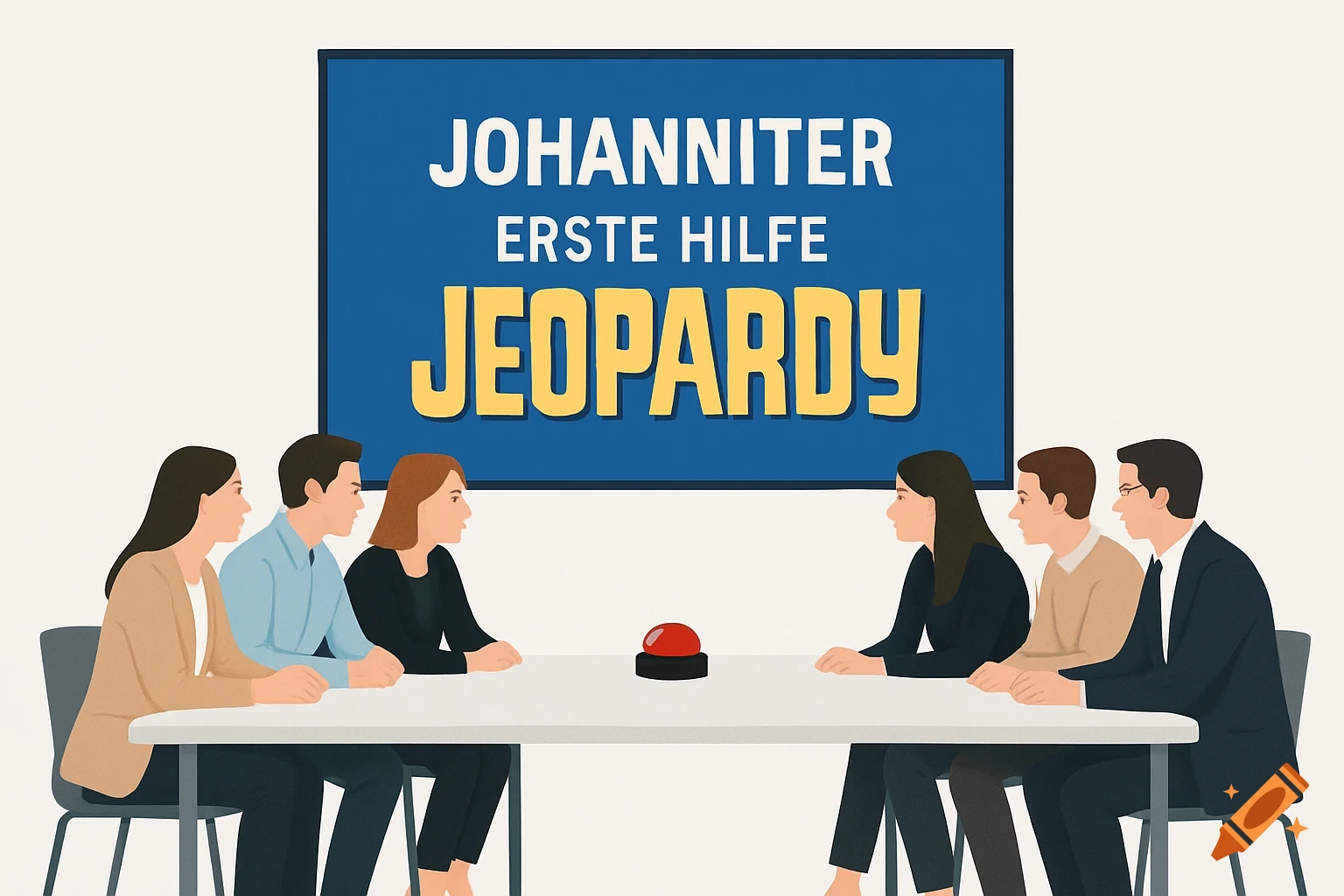 Flat illustration of three men and three women seated at a table with a buzzer, facing a screen displaying "JOHANNITER ERSTE HILFE JEOPARDY".