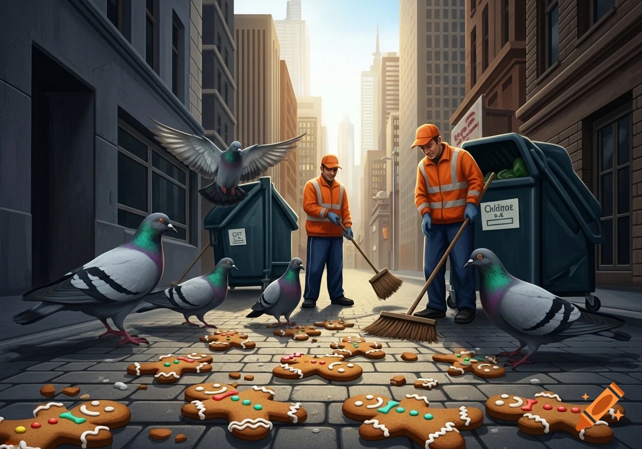 Sanitation workers sweep gingerbread men from a city street with pigeons, digital illustration.