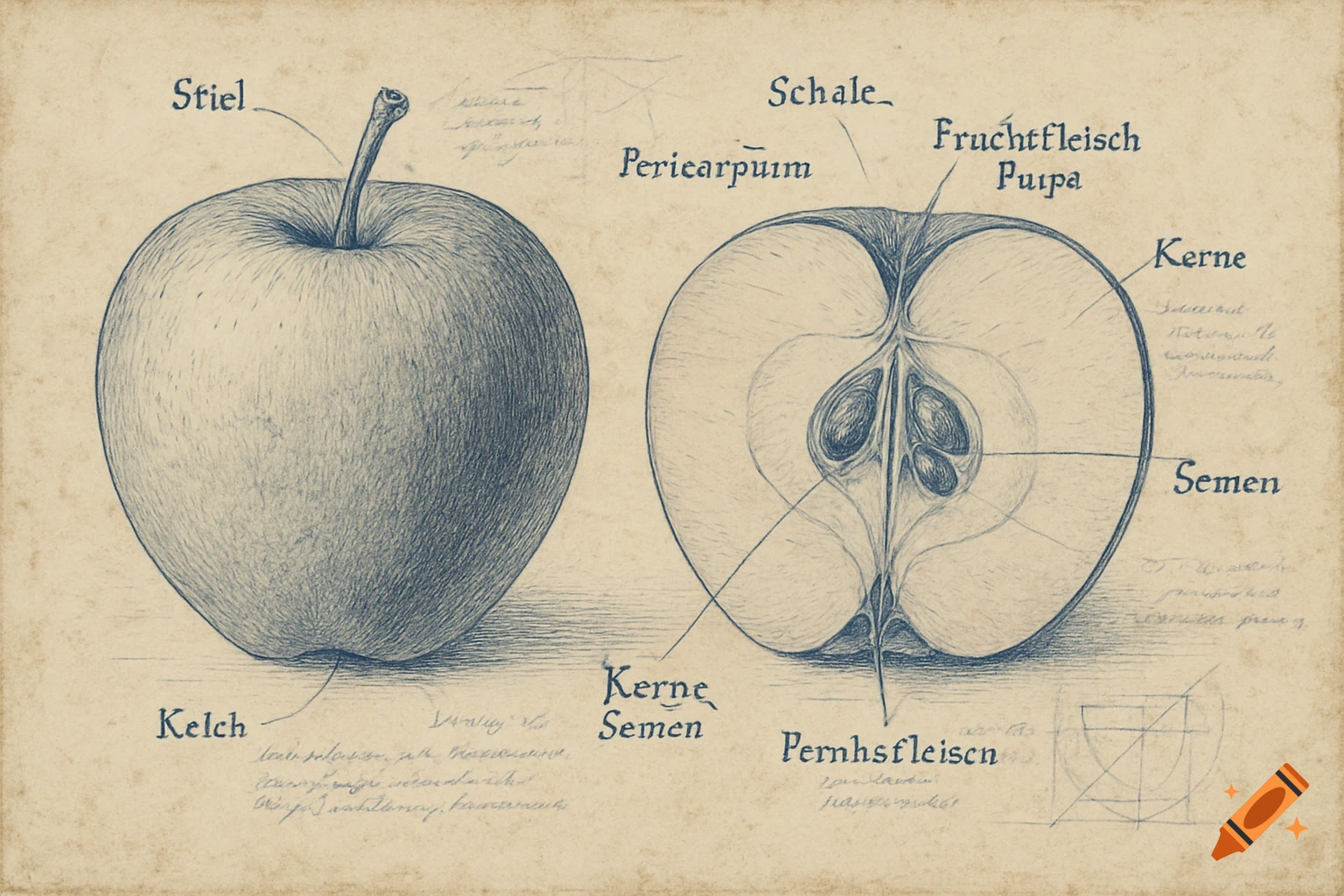 An antique-style technical drawing of an apple, showing its exterior and a cross-section with various parts labeled in German and Latin on parchment paper.