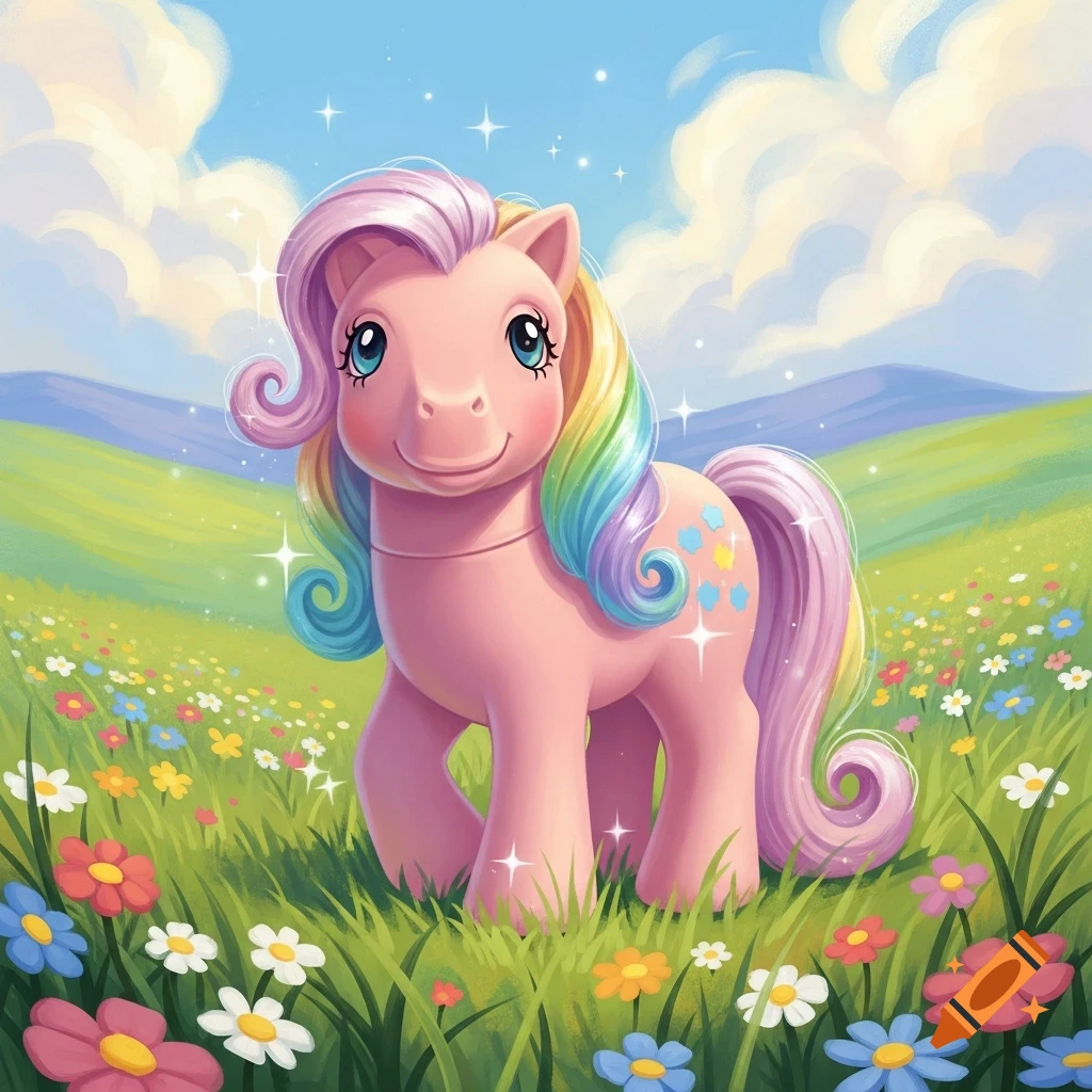 A pink My Little Pony with a rainbow mane and tail stands in a vibrant field of wildflowers under a blue sky.