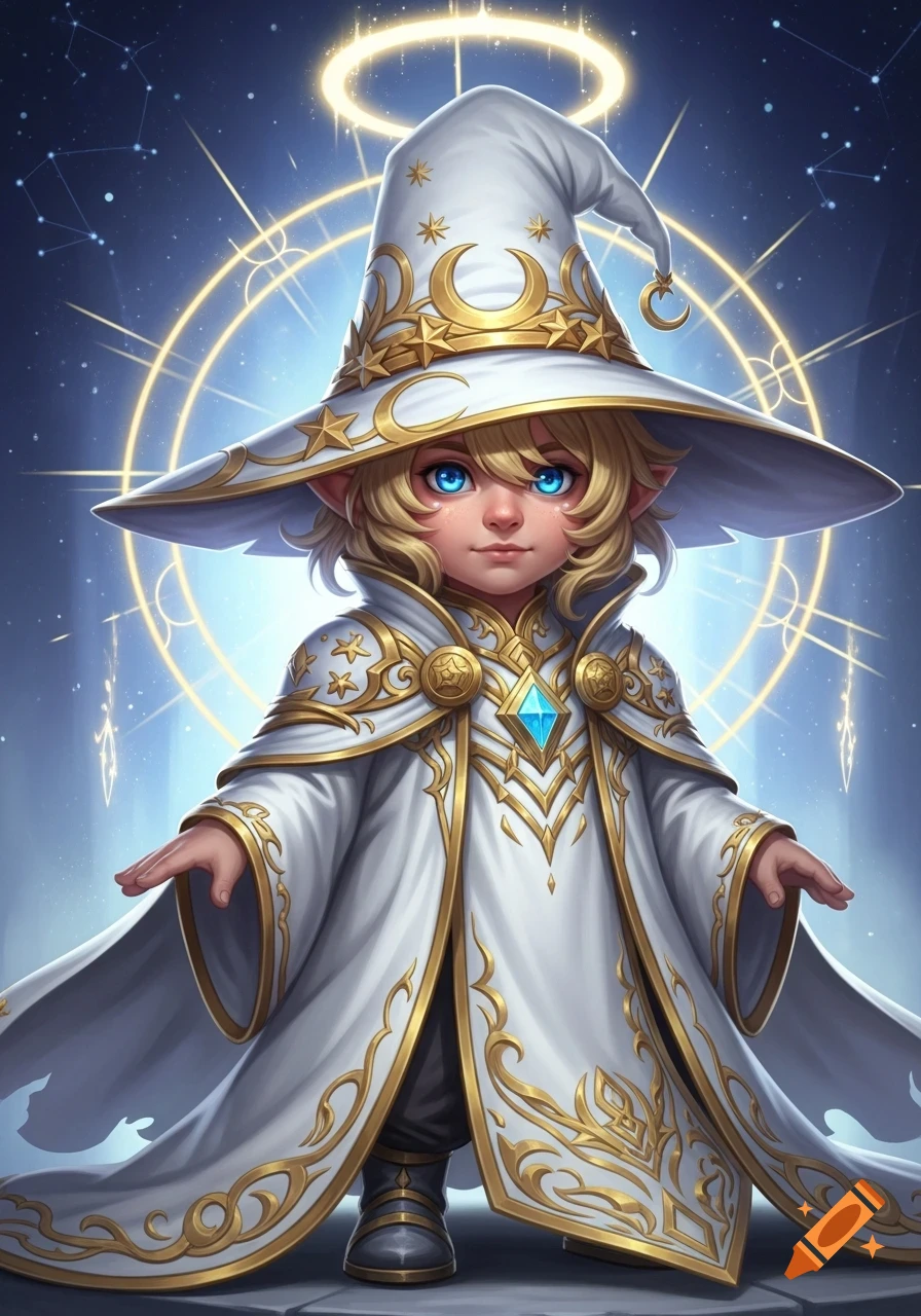 Young blonde gnome wizard in white and gold robes with a star and moon hat, bright blue eyes, against a magical starry sky.