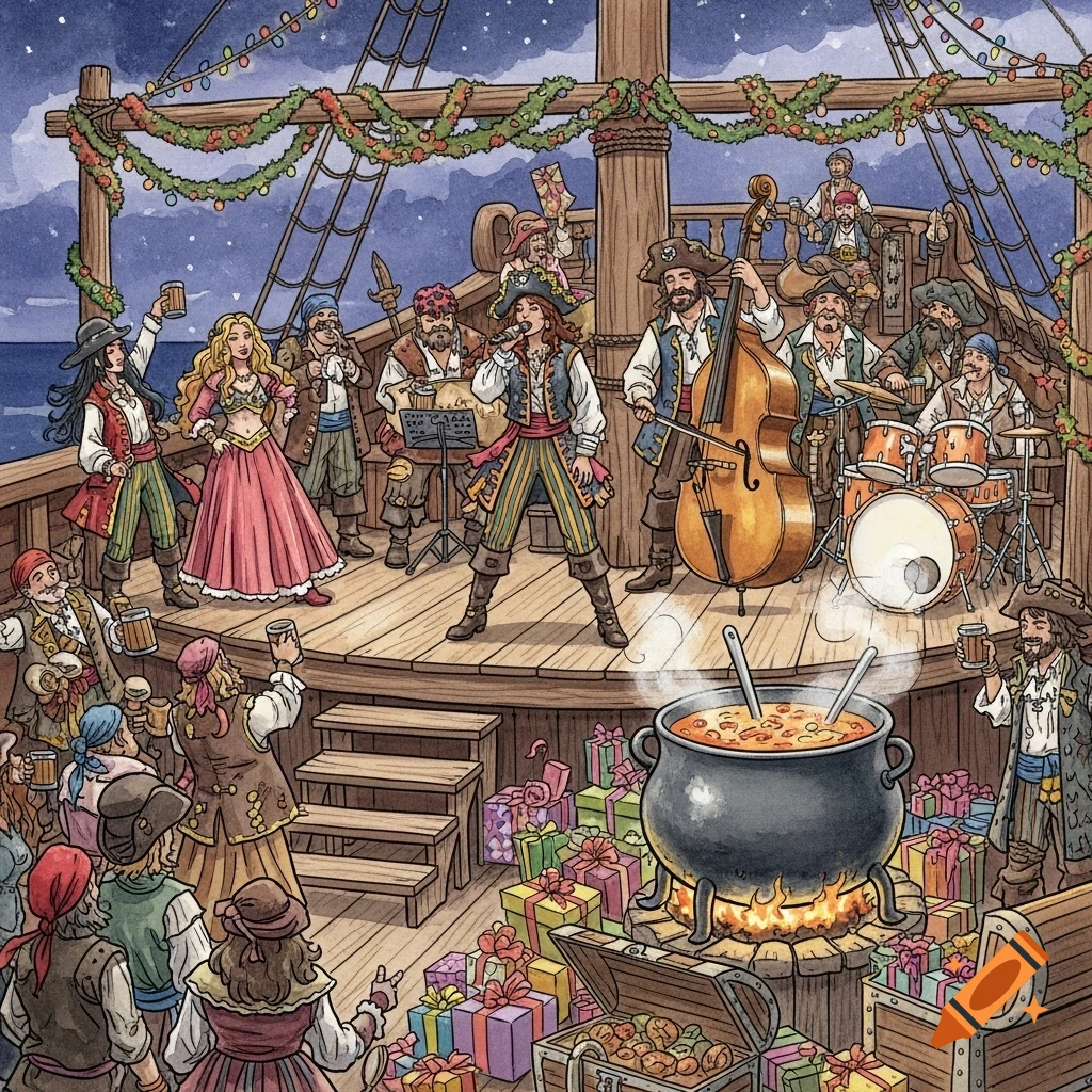 A festive watercolor illustration of pirates celebrating Christmas on a ship, with a band playing on a stage and gifts piled around a large soup pot.