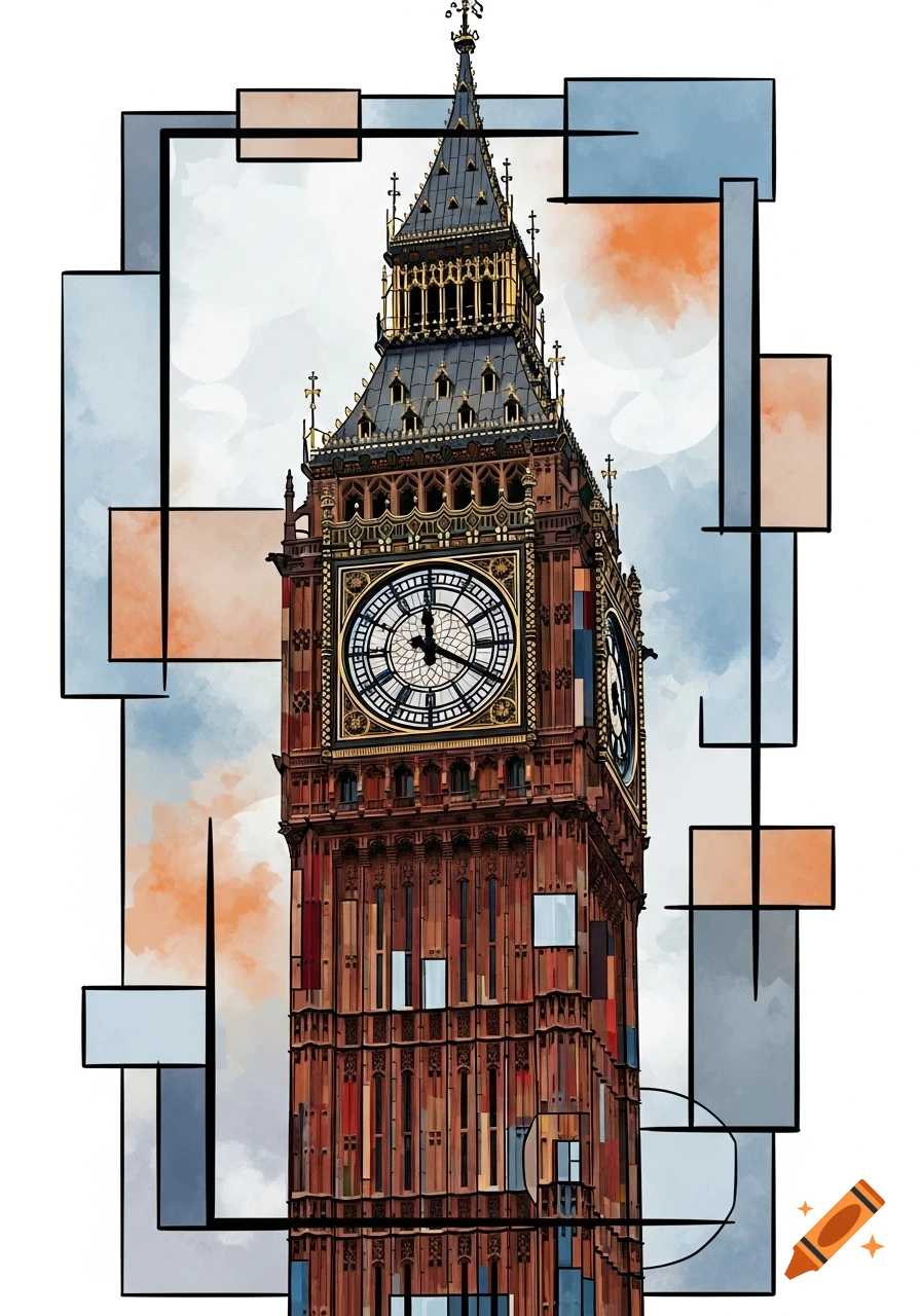 A cubist illustration of Big Ben, featuring segmented architectural details and a watercolor background in blue and orange.