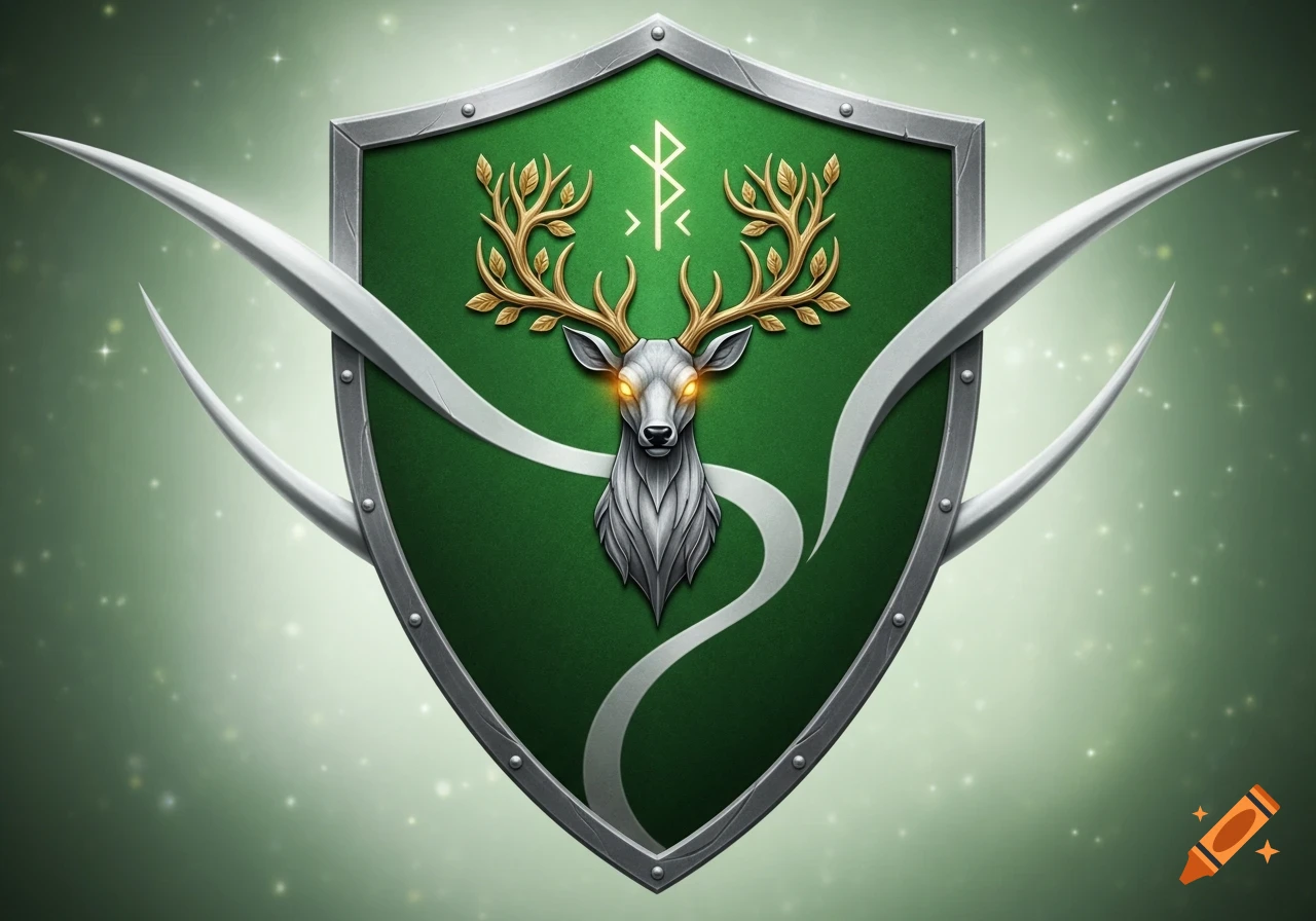 A stylized green shield with a silver deer head, golden branch-like antlers, glowing eyes, and rune-like symbols.