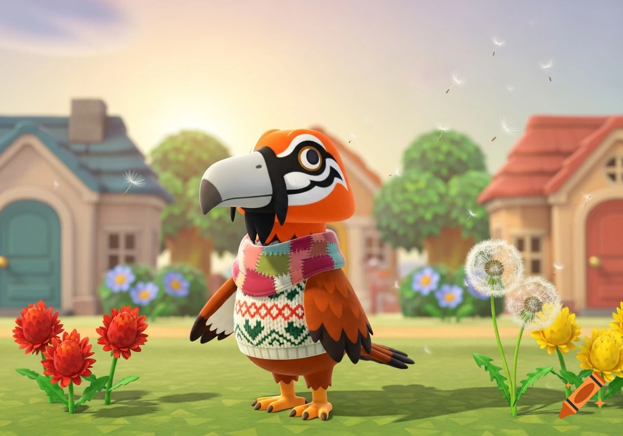 An orange Animal Crossing Lammergeier villager in a colorful sweater and scarf stands in a sunny village with houses, red flowers, and dandelions.