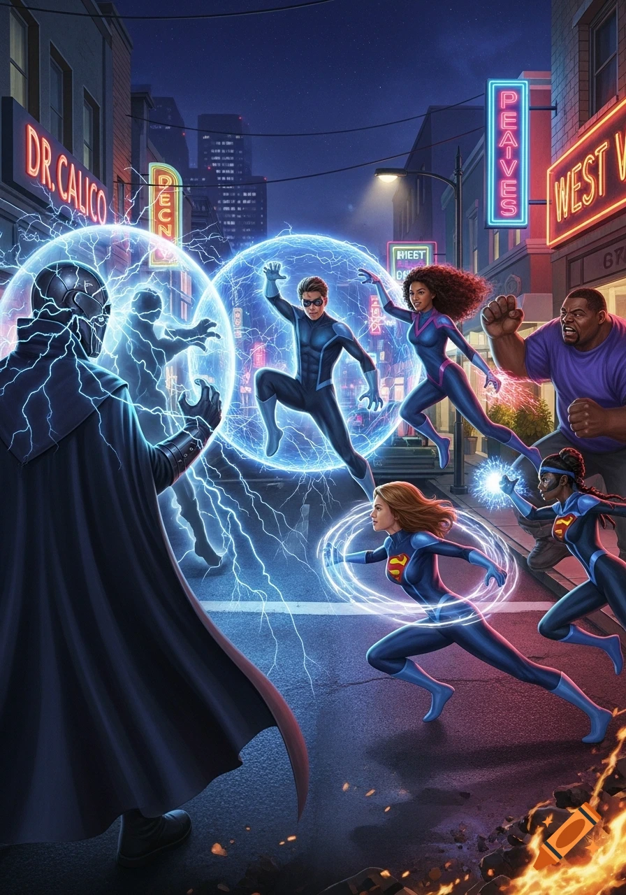 Comic book style art of superheroes battling Dr. Calico in a neon-lit city street at night. Electricity crackles around the heroes and villain.