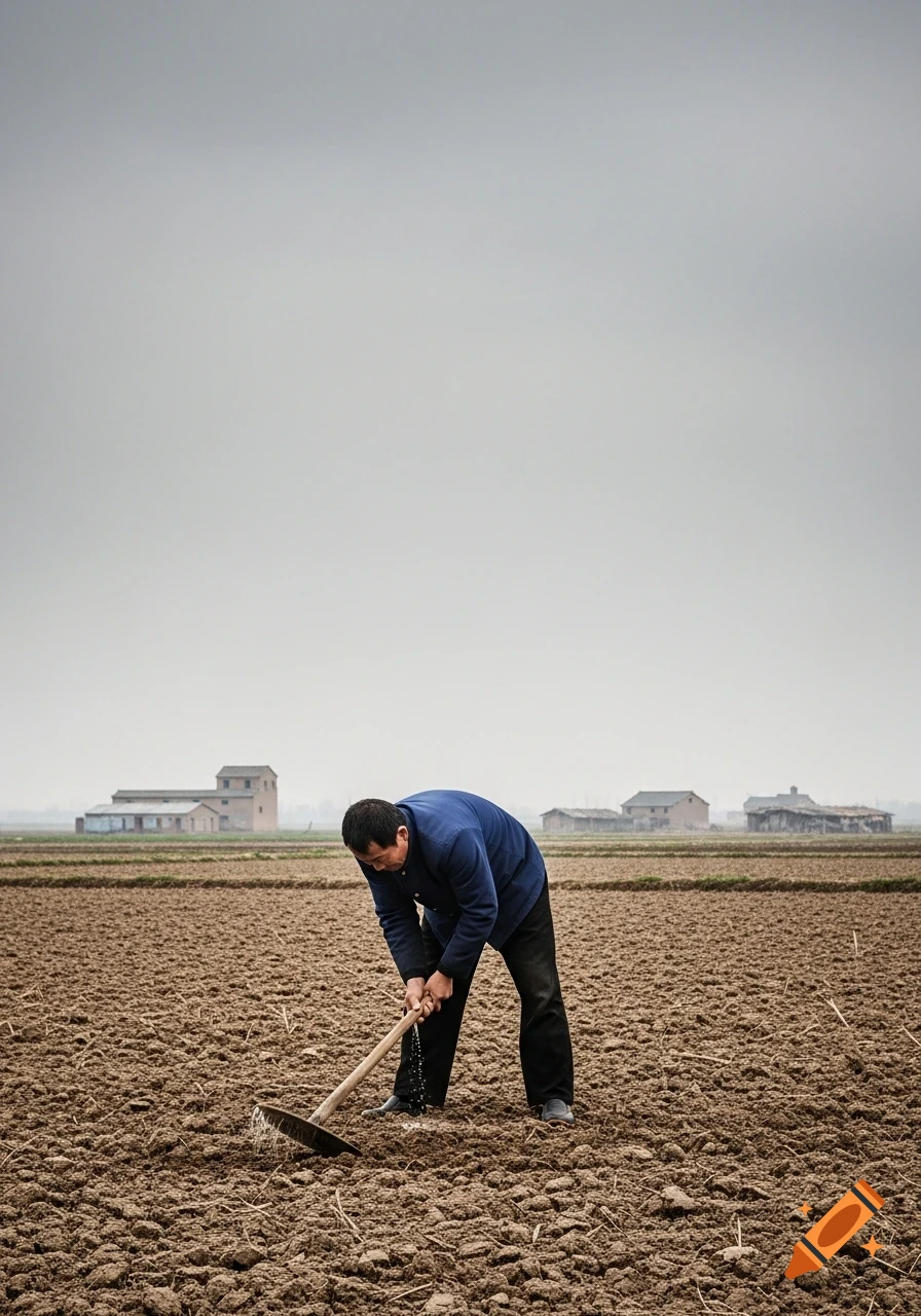 A man in a blue jacket rakes a barren brown field under a grey sky, with distant rural buildings.