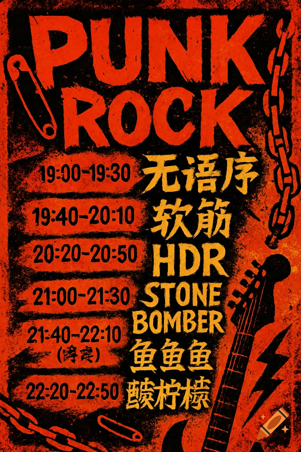 A grunge-style punk rock concert poster in orange and black, listing band names and performance times, with safety pins, chains, and a guitar.