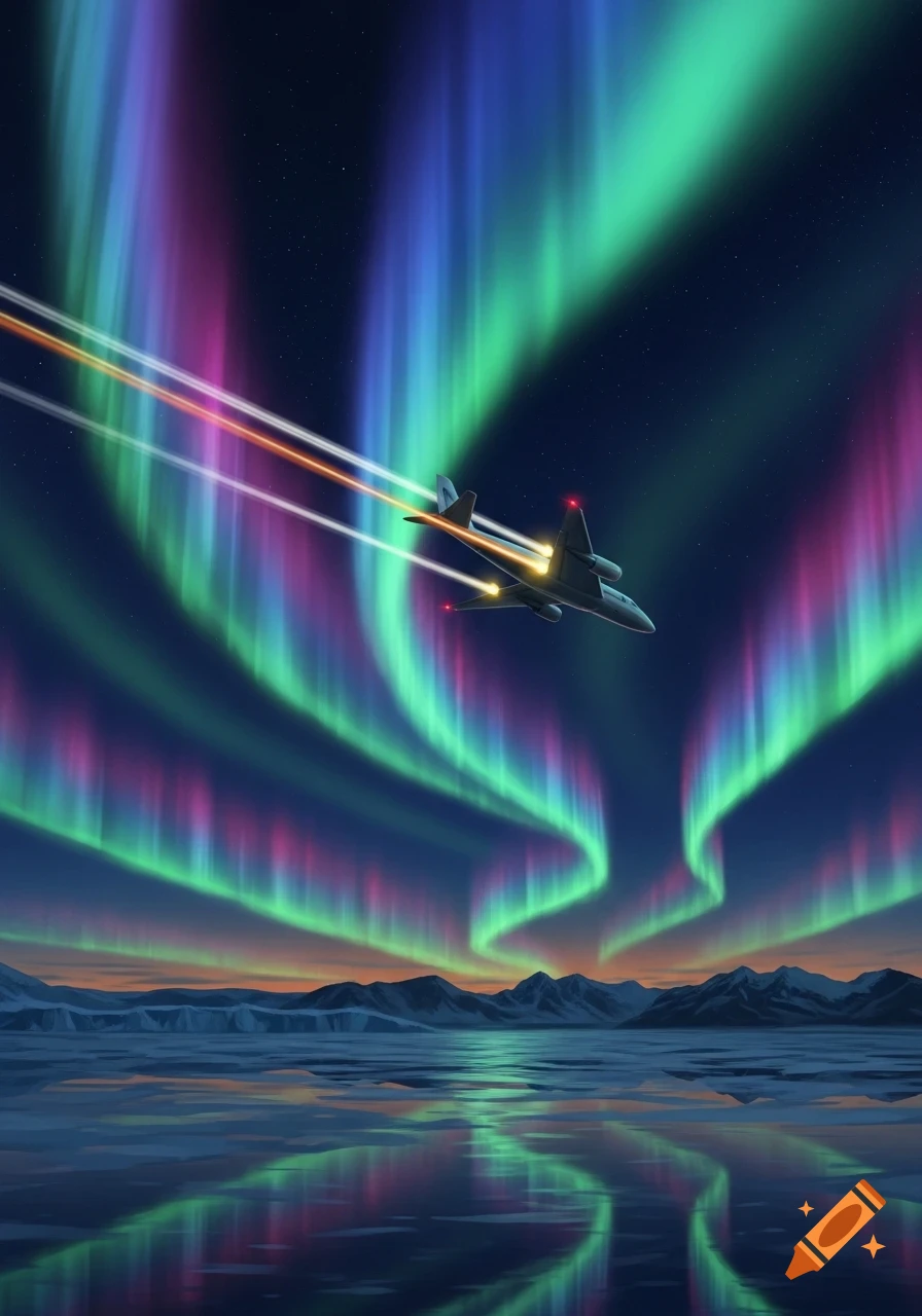 Stylized illustration of an airplane flying through vibrant green, blue, and purple Northern Lights over a snowy, icy lake and mountains.