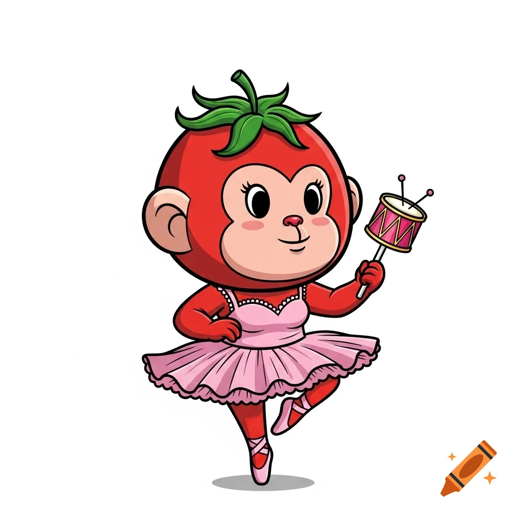 Cute cartoon character with a tomato head and monkey face, dressed as a pink ballerina, dancing and holding a small drum shaker.